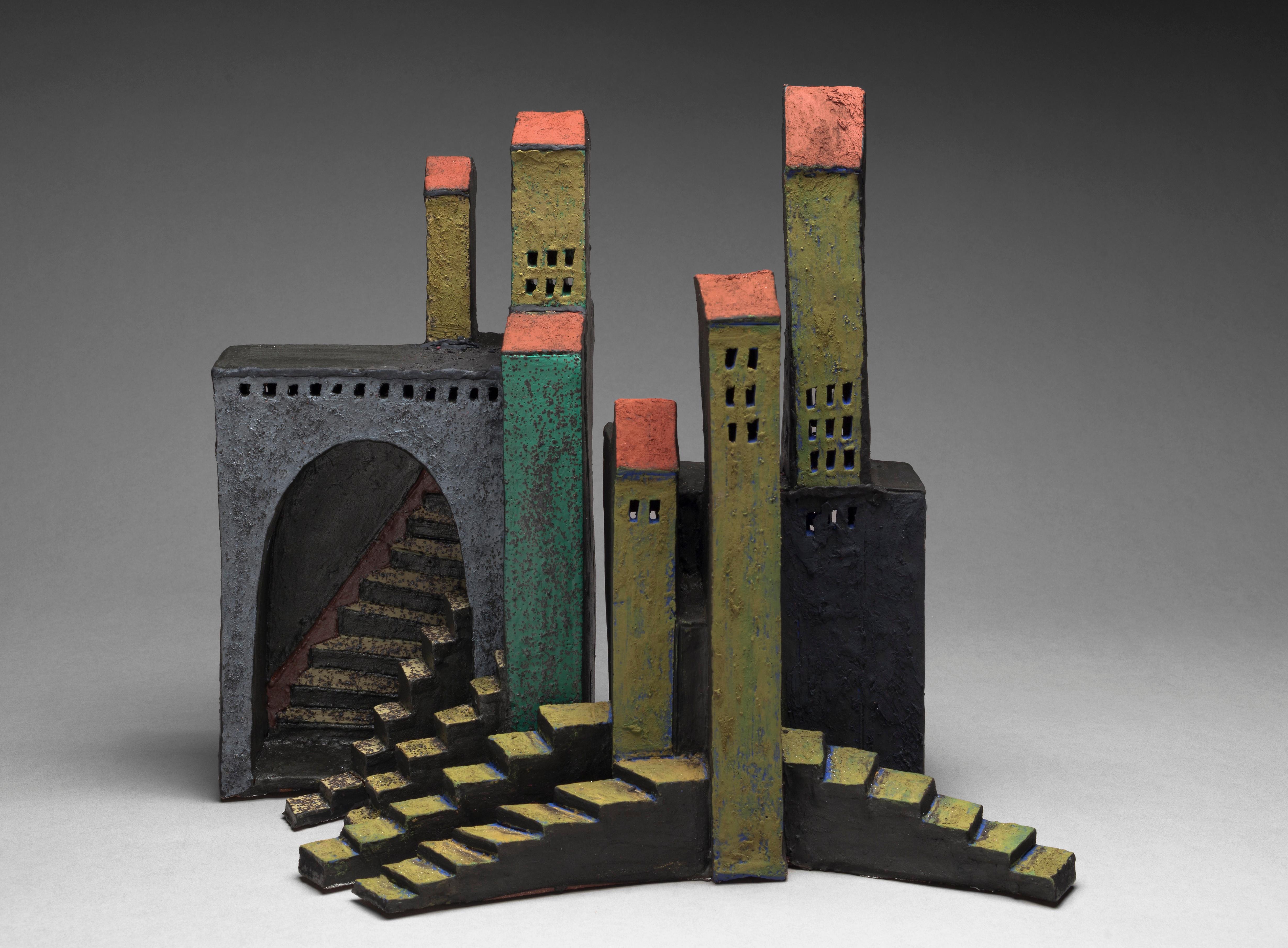 "ENDLESS STAIRCASES OF SIENA", stoneware clay sculpture, Italy ancient hill town