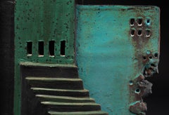 "ROMAN OPERA HOUSE", stoneware clay sculpture, copper green glaze Italy hilltown