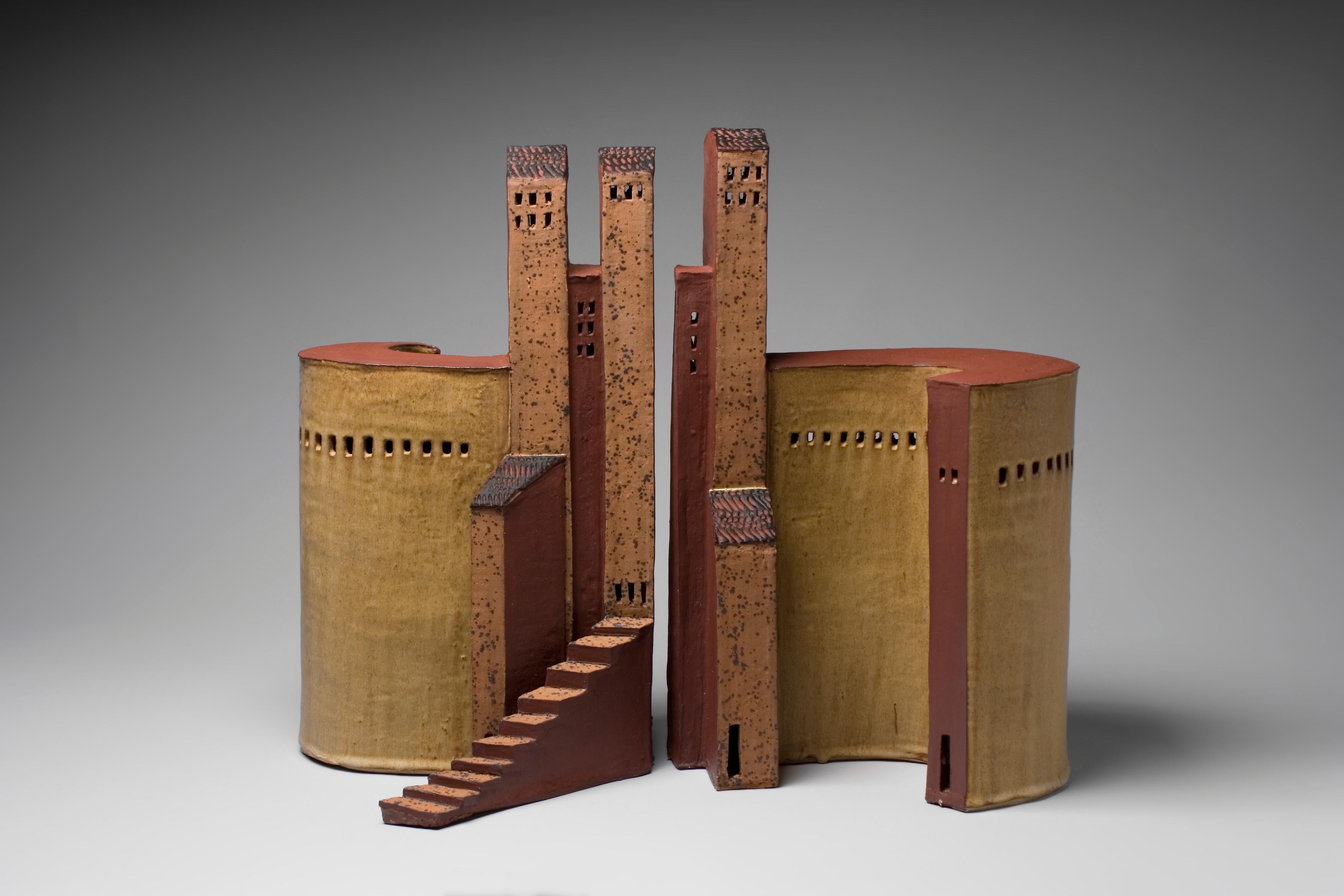 "TUSCAN YIN/YANG CASTLE", stoneware clay sculpture, glaze ancient Italy hilltown