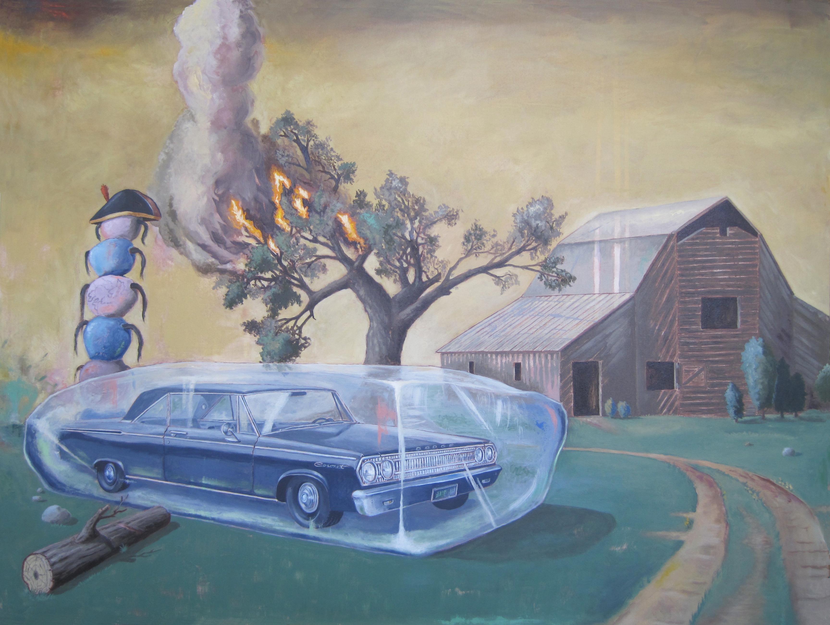 Tony Geiger Still-Life Painting - "Coronet Sunset", painting, surrealist dream, alien, fire, ice, farm, sci-fi