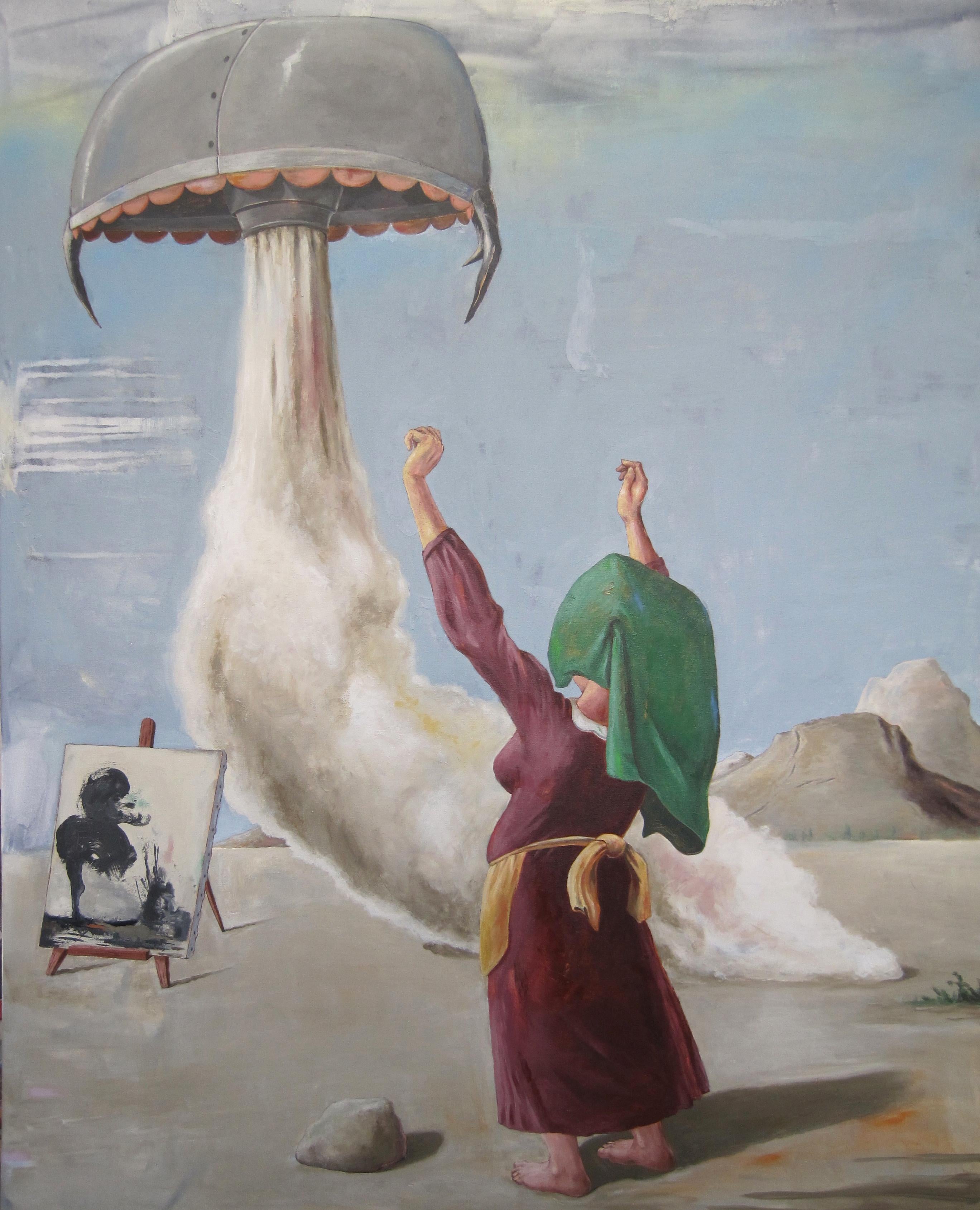 "FIELD PROJECT", painting, surrealist dream, rocket, priestess, sci-fi, worship