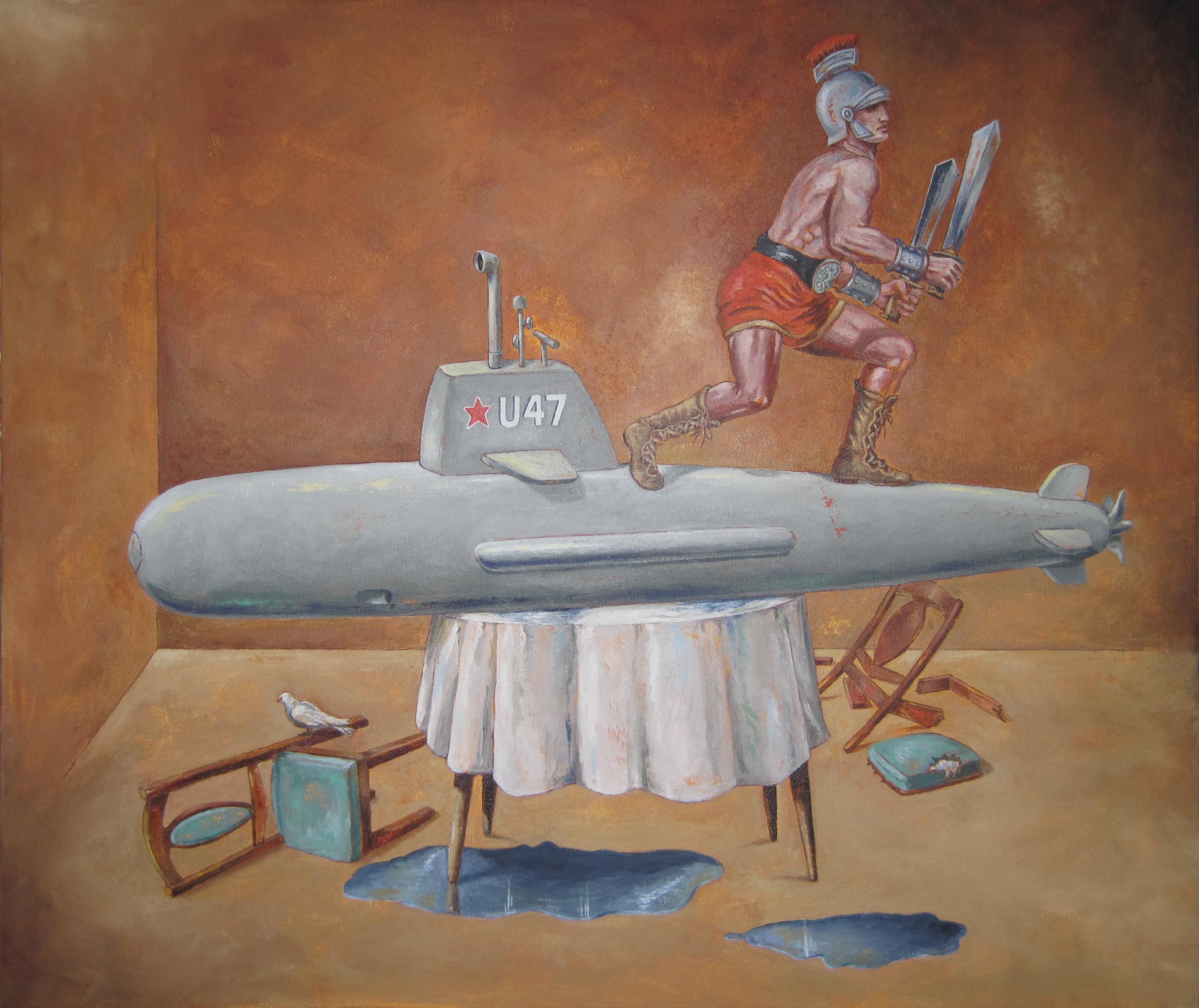 "IN-FLIGHT ADJUSTMENT", painting, surrealist dream, submarine, gladiator, dove