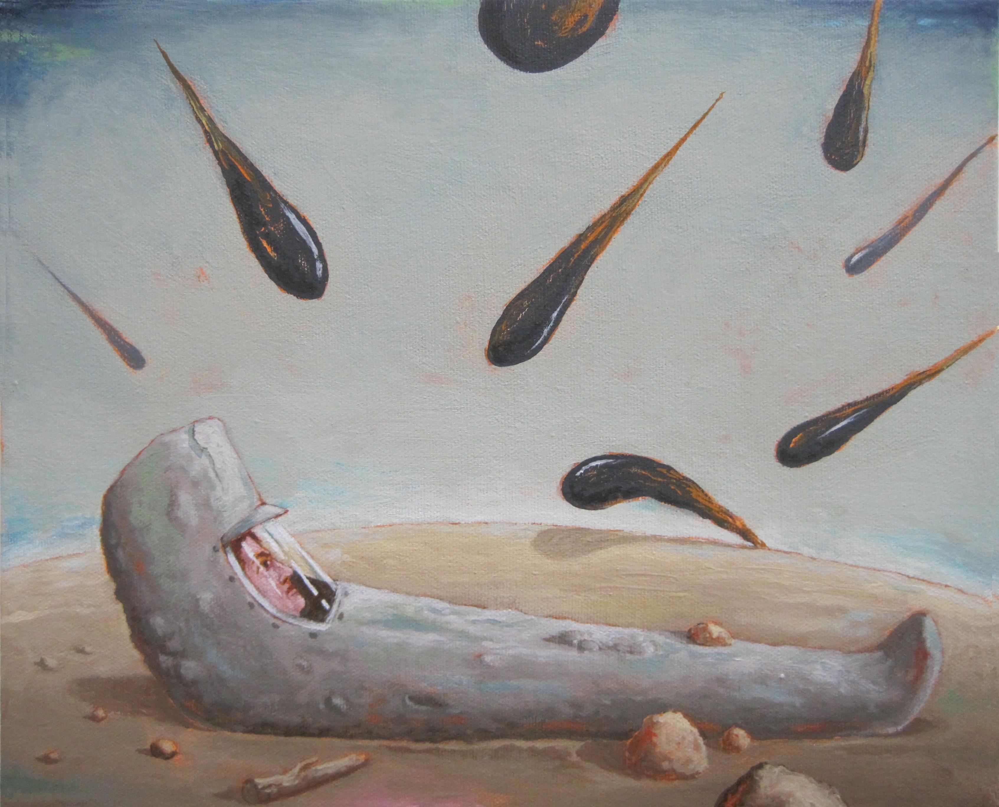 Tony Geiger Still-Life Painting - "PROTECTION", painting, surrealist dream, virus, attack, shield, alien, sci-fi
