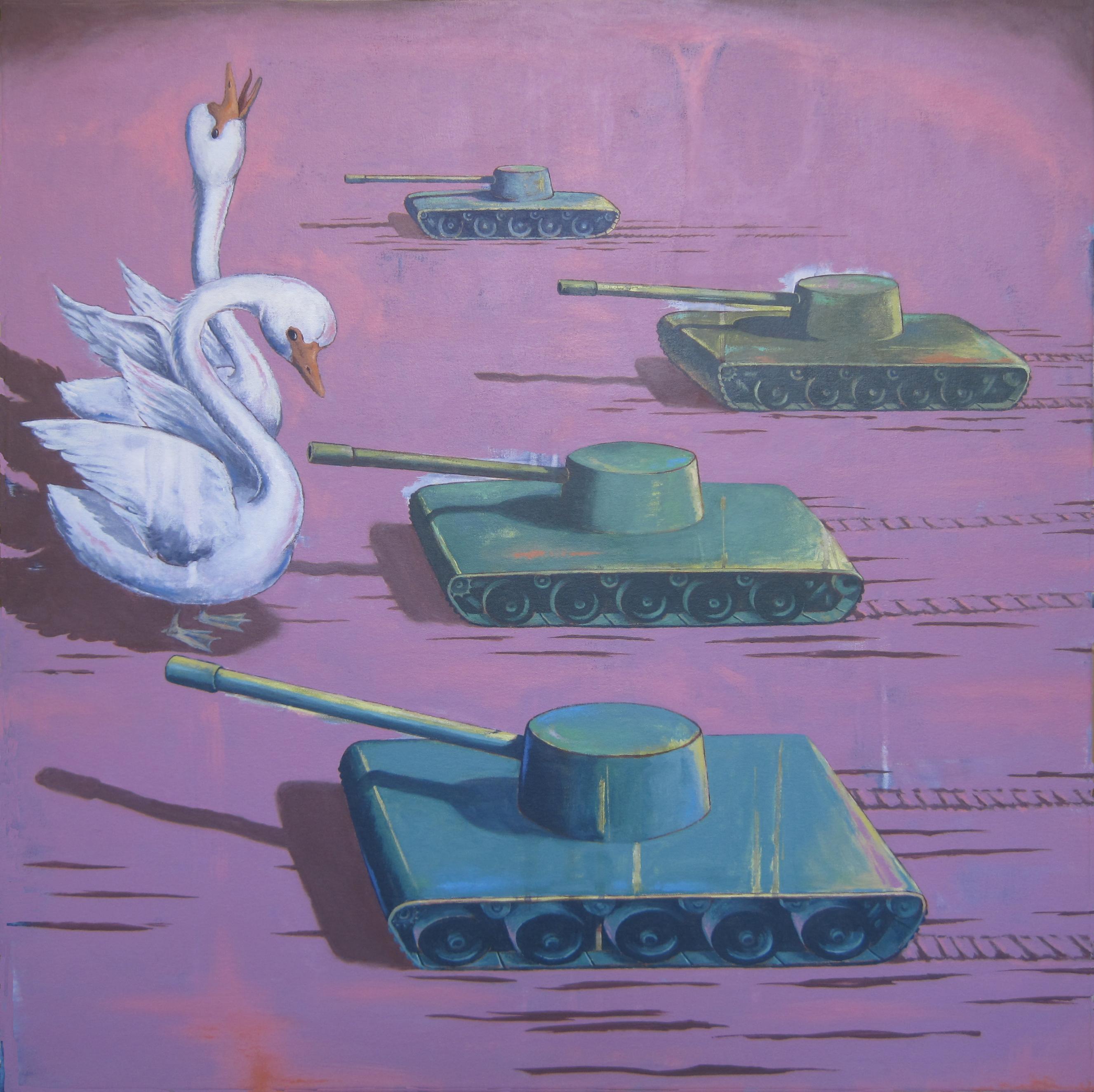 Tony Geiger Figurative Painting – ""RIGHT FLANK"", Gemälde, surrealistischer Traum, Panzer attackieren Vögel, Frieden, Protest