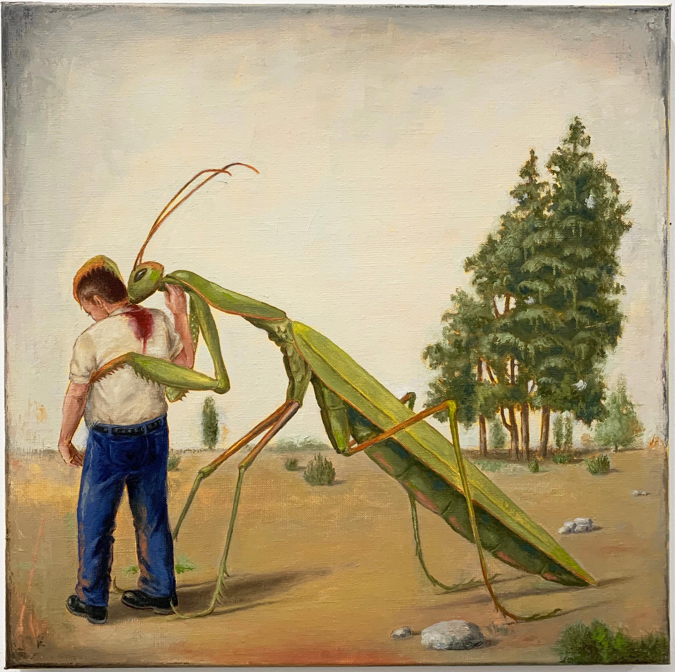 "SATURDAY AFTERNOON", painting, surrealist dream, giant insect, sci-fi paranoia