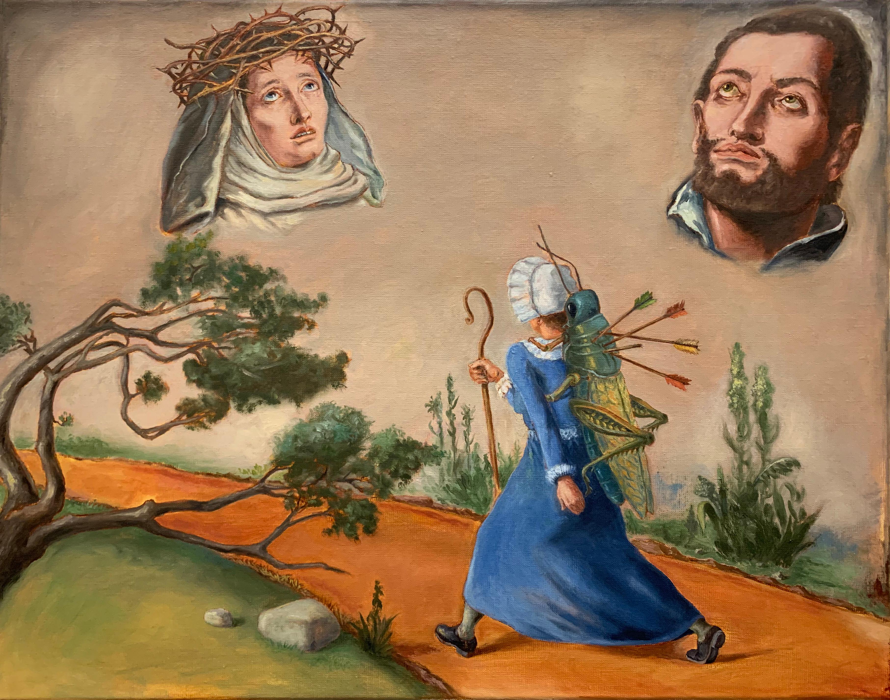 Tony Geiger Figurative Painting - "TO THE INFIRMARY", surrealist painting, saints, insects, path, dream, religious