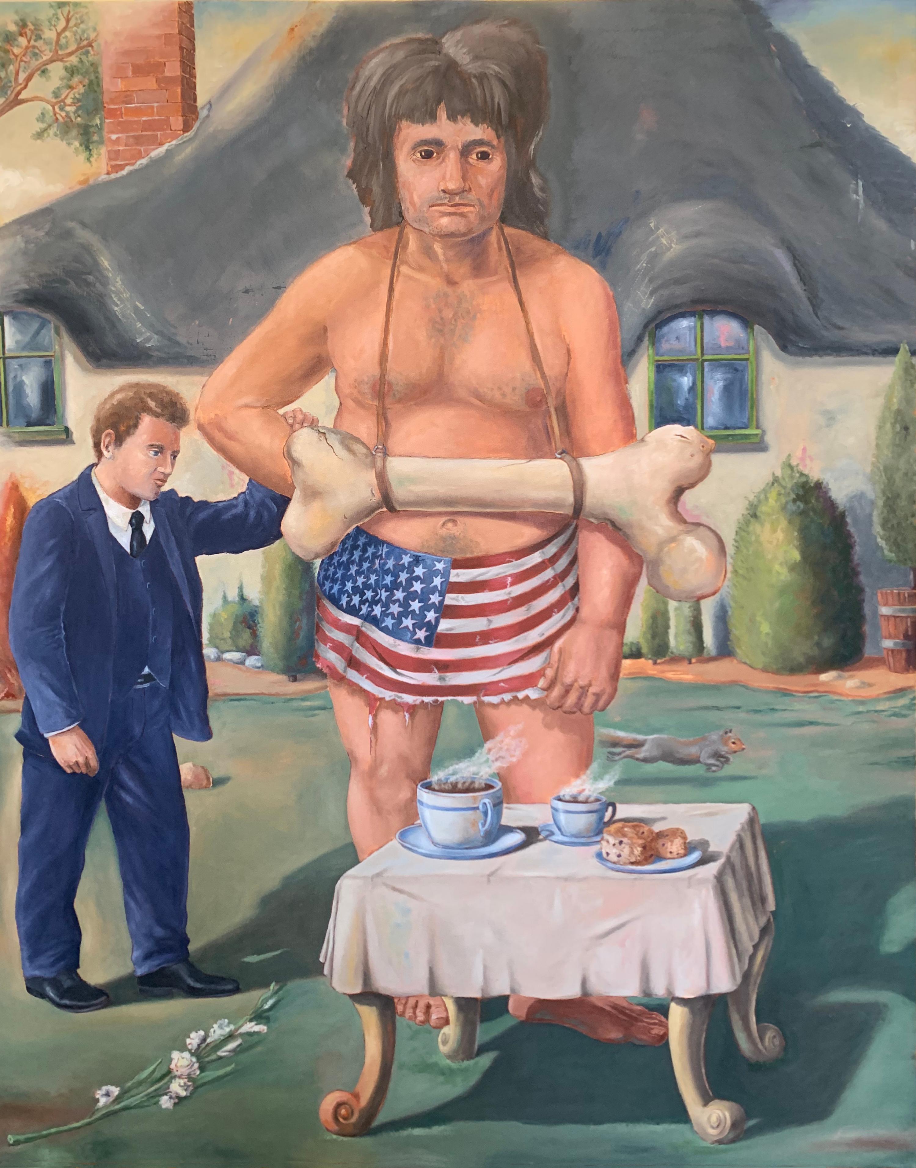 Tony Geiger Figurative Painting - "TOUR GIANT", surrealist painting, American flag, bone, cottage, cups, storybook