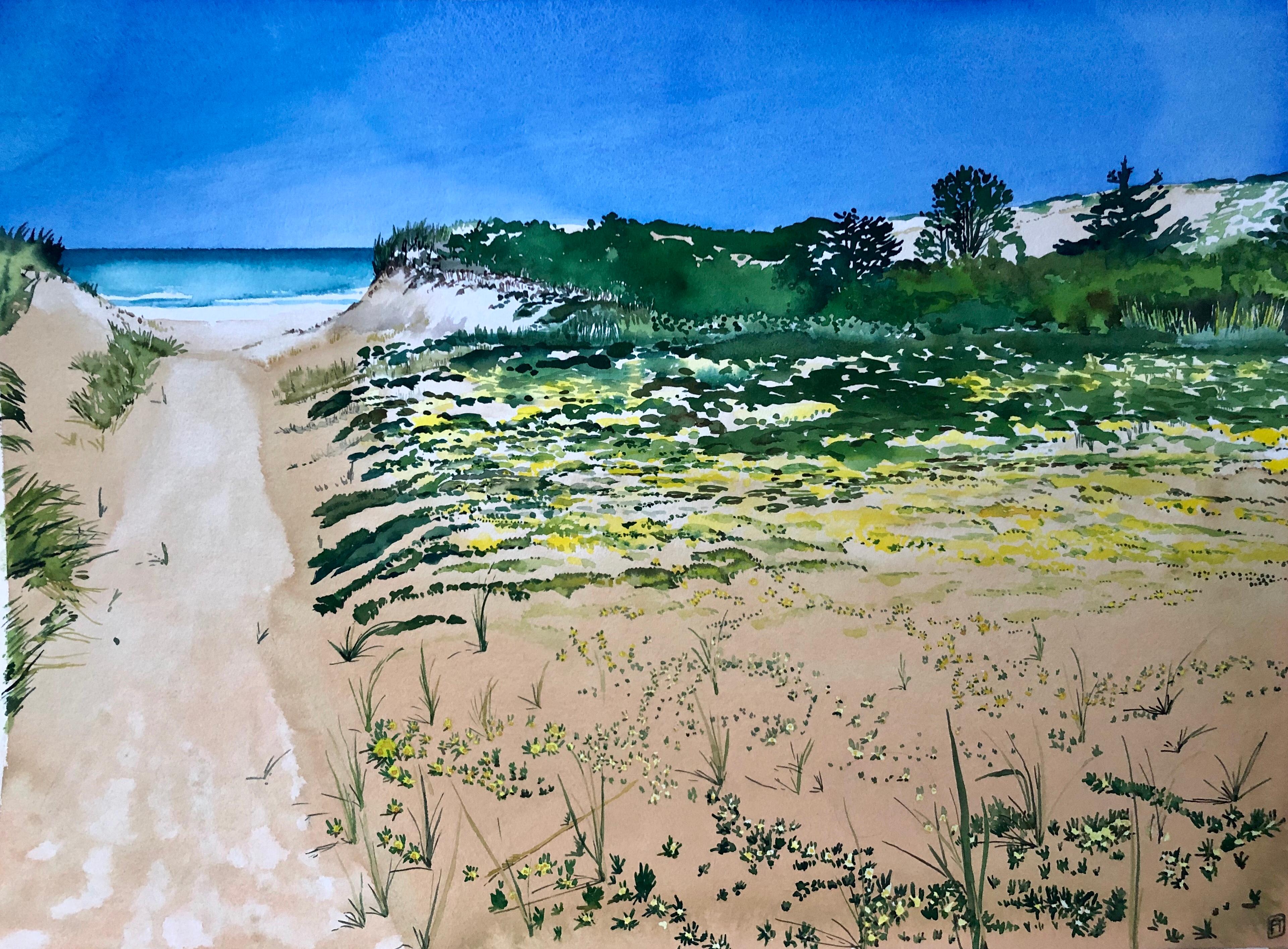 Fleur Thesmar Still-Life - "CAPE COD", watercolor, sandy beach, ocean shoreline, path, flowers, blue sky