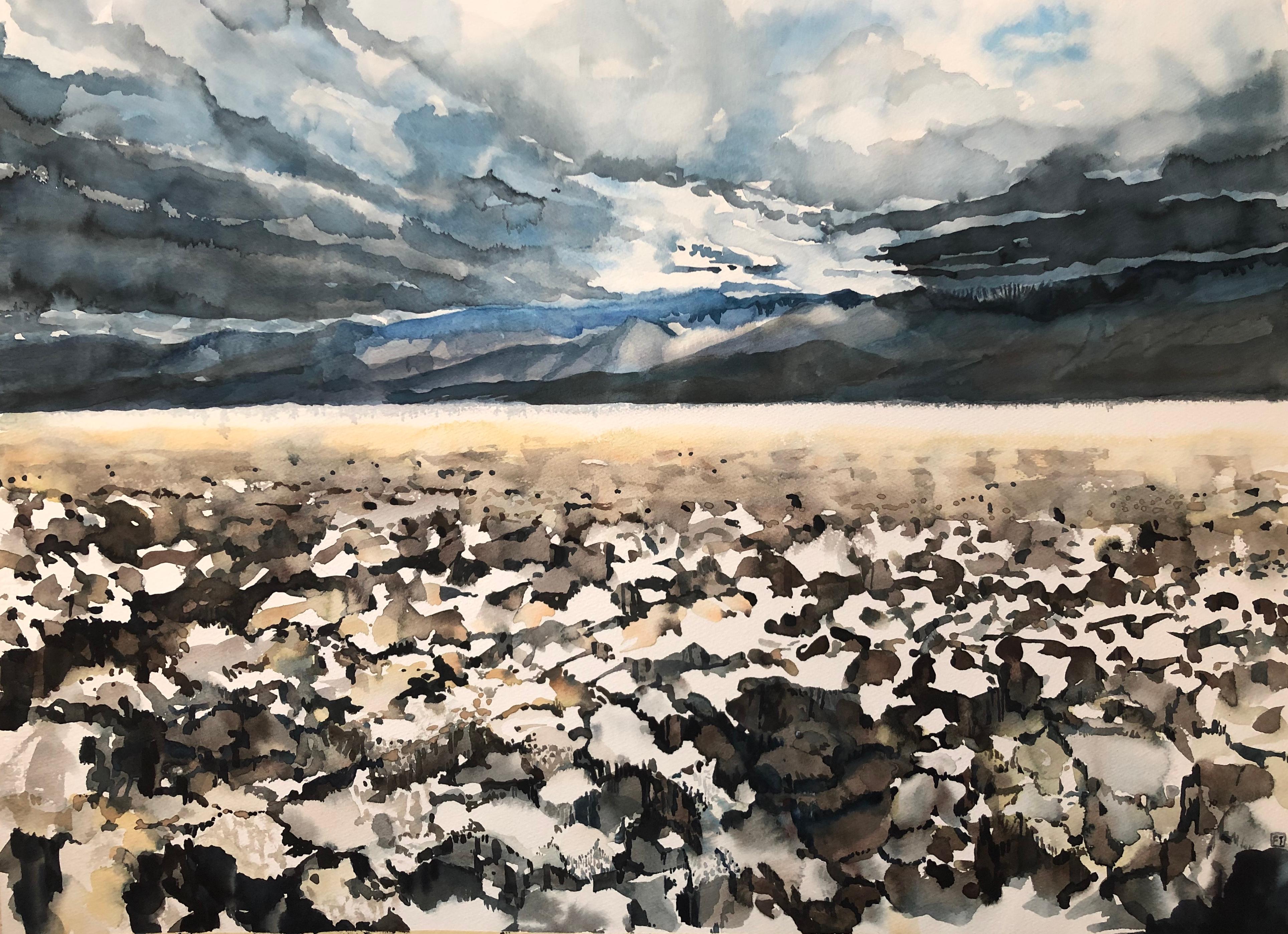 "DEATH VALLEY", watercolor, mojave desert, Badwater, storm, sky, clouds, salt