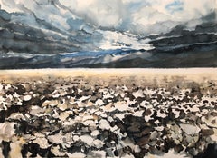 « DEATH VALLEY », aquarelle, désert humide, eau salée, tempête, ciel, nuages, sel