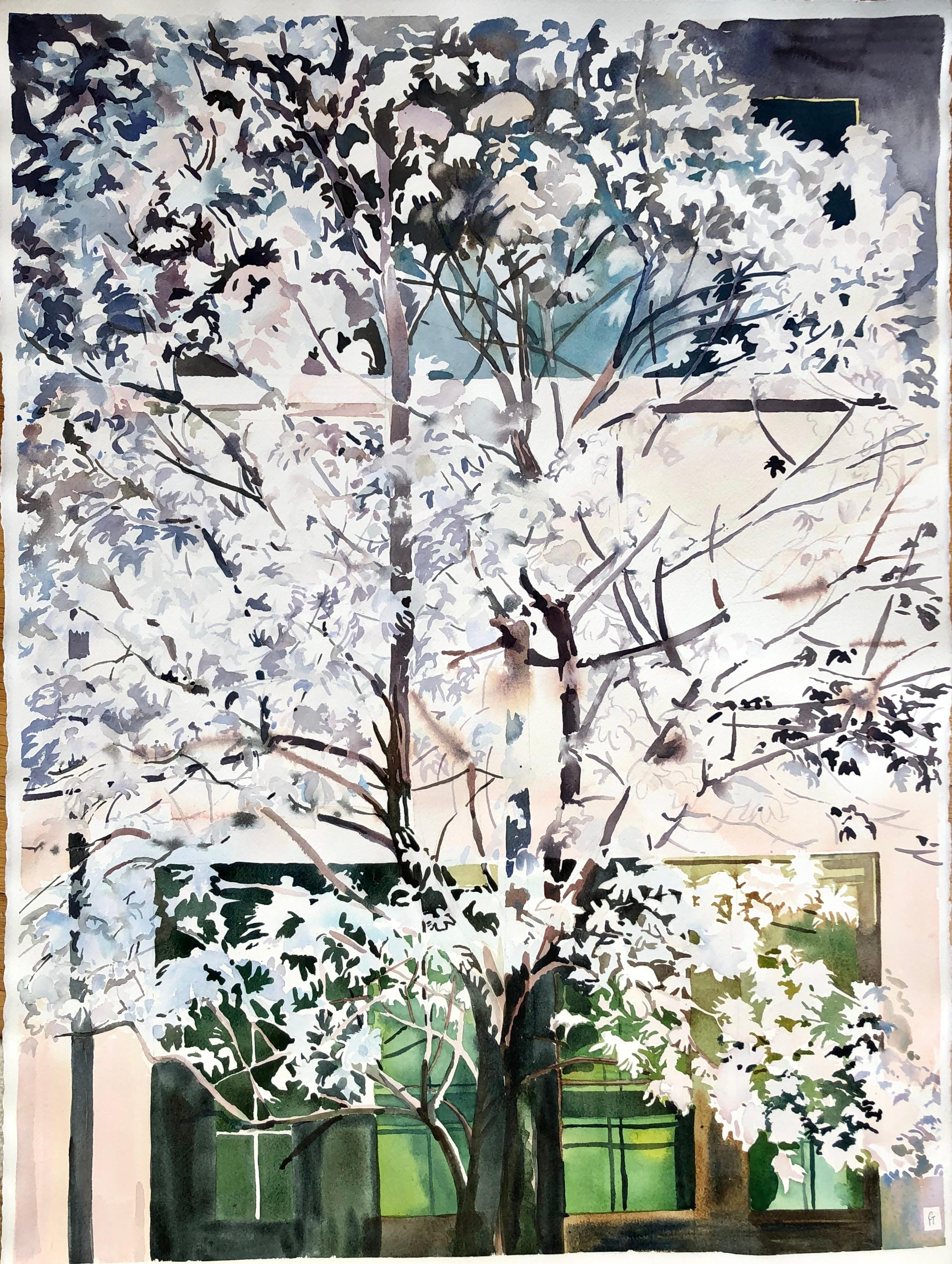Fleur Thesmar Still-Life - "STELLATA MAGNOLIA 1", watercolor, tree, flowers, blossoms, home, architecture