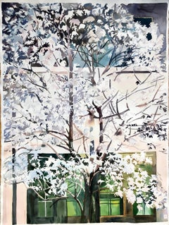 "STELLATA MAGNOLIA 1", watercolor, tree, flowers, blossoms, home, architecture