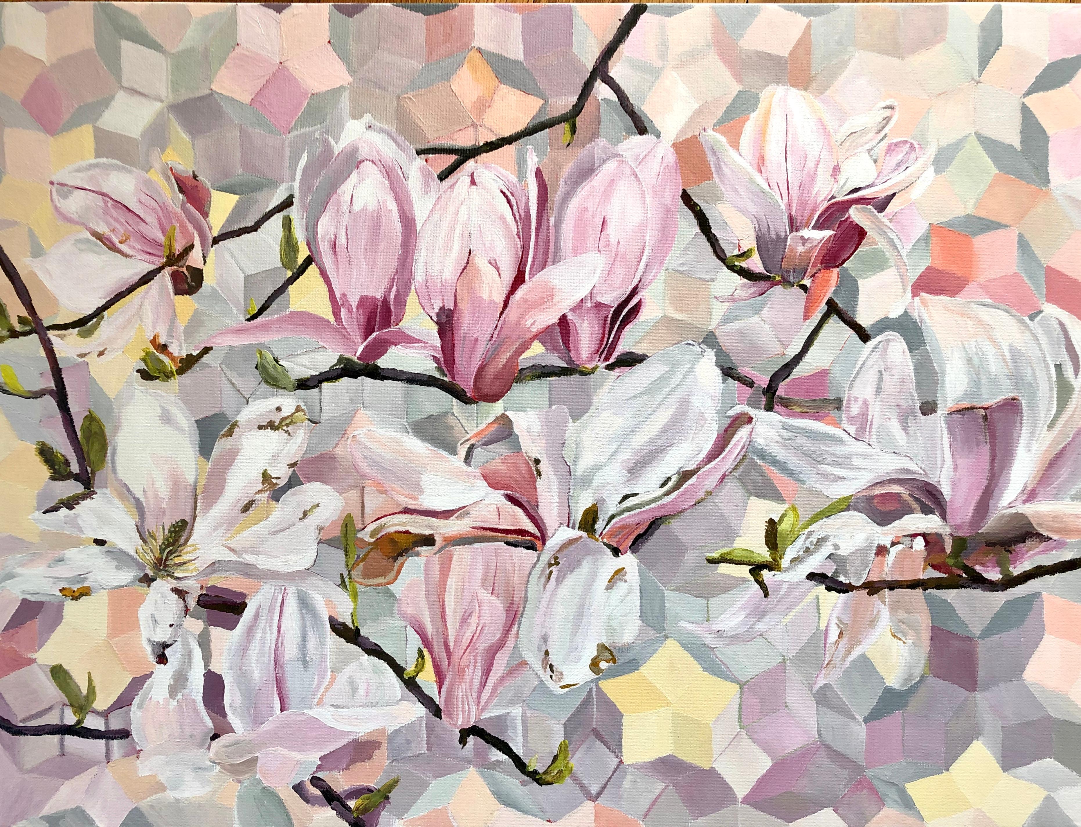 Fleur Thesmar Landscape Art - "MAGNOLIAS", acrylic painting on panel, flowers, geometry, nature, flora pattern