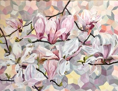 "MAGNOLIAS", acrylic painting on panel, flowers, geometry, nature, flora pattern