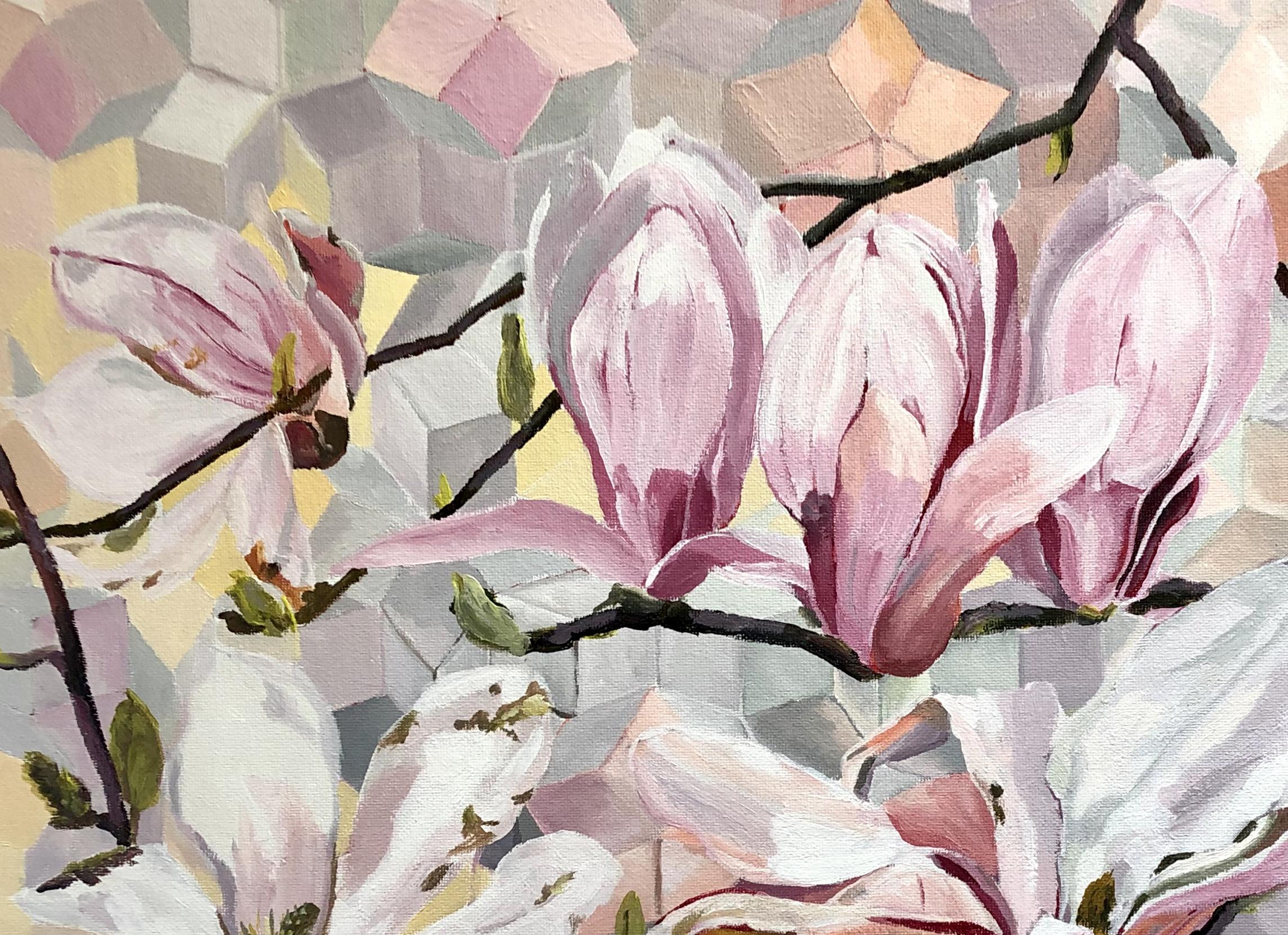 « MAGNOLIAS », peinture acrylique sur panneau, fleurs, géométrie, nature, motif floral - Art de Fleur Thesmar