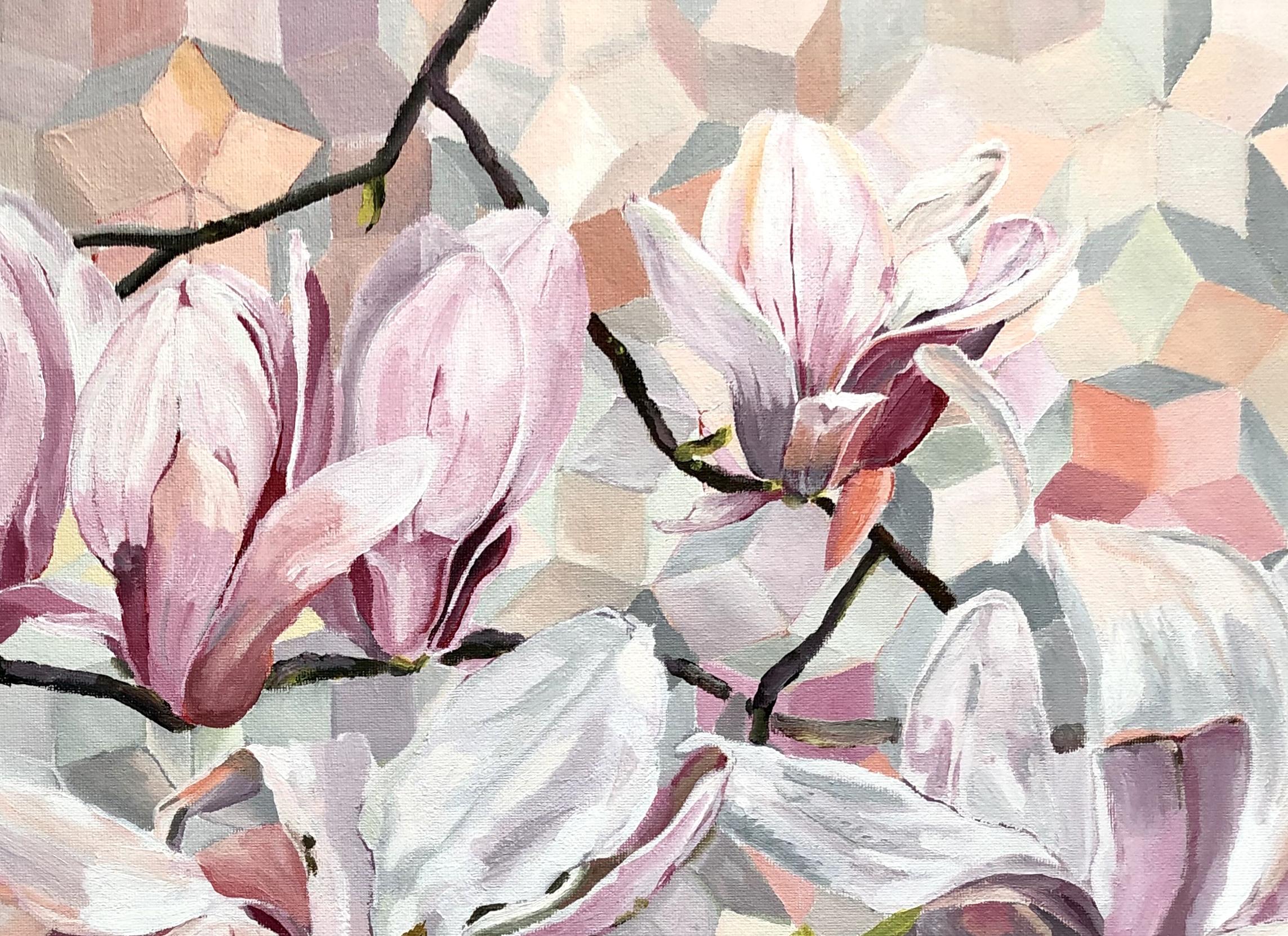 « MAGNOLIAS », peinture acrylique sur panneau, fleurs, géométrie, nature, motif floral - Contemporain Art par Fleur Thesmar