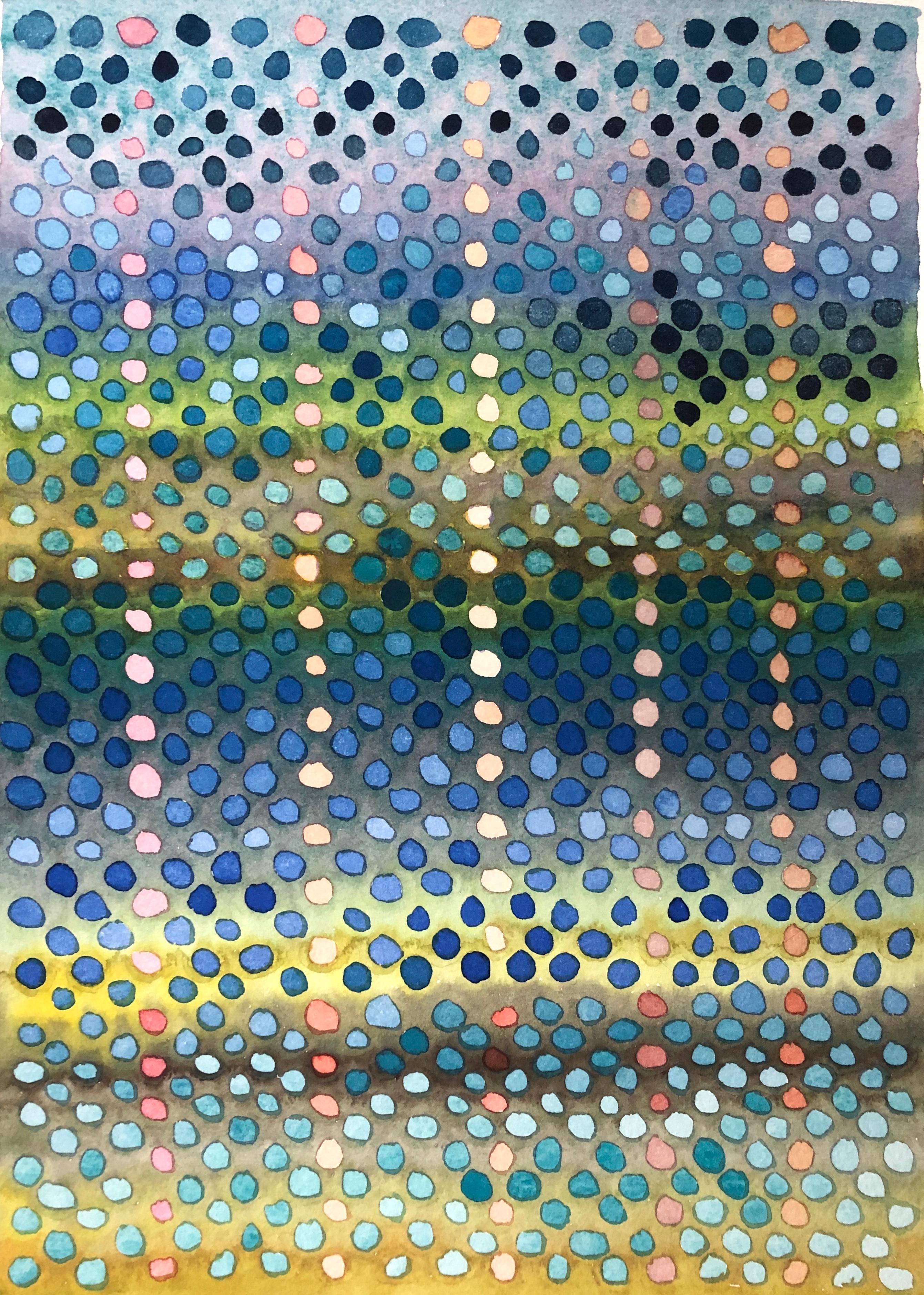 Fleur Thesmar Landscape Art - "DOT STUDY #6", watercolor, dots, pattern, system, bubble wrap, rain, pond light