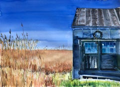 "NORTHEASTERN SHINE", watercolor, grass, shack, shoreline, sky, weather, summer