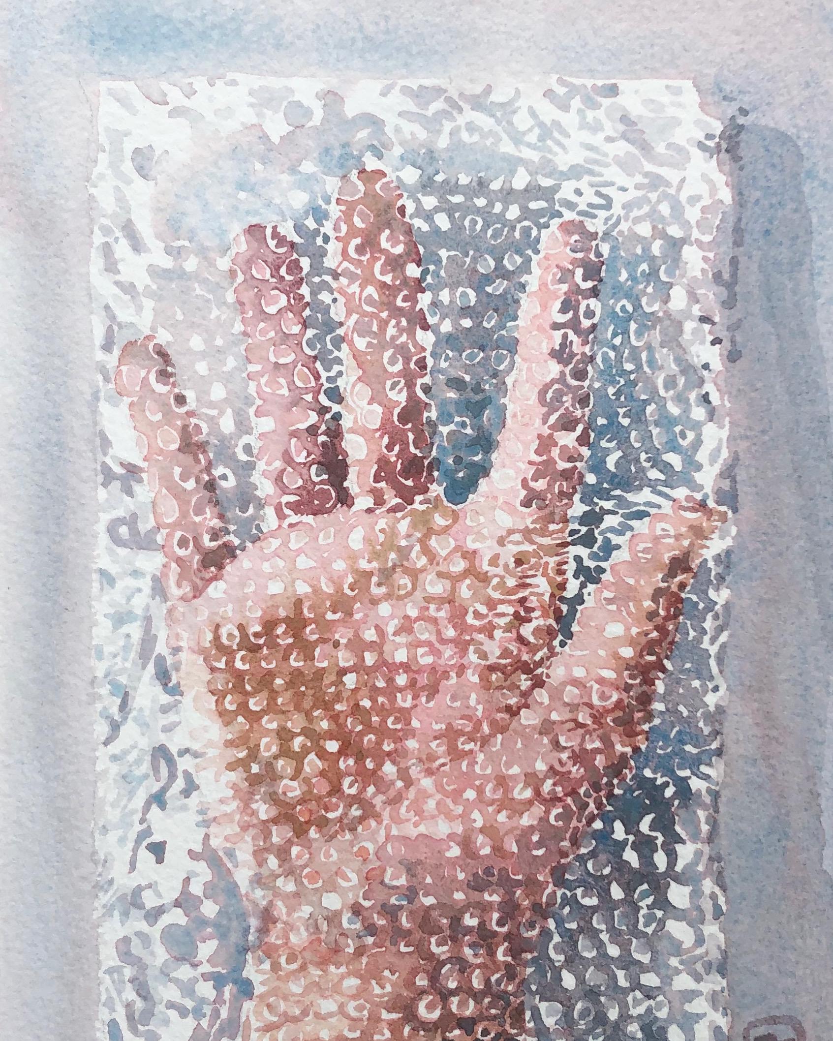 Fleur Thesmar Still-Life - "POOR ME", watercolor, hand, bubble wrap, safety, protection, isolated, virus