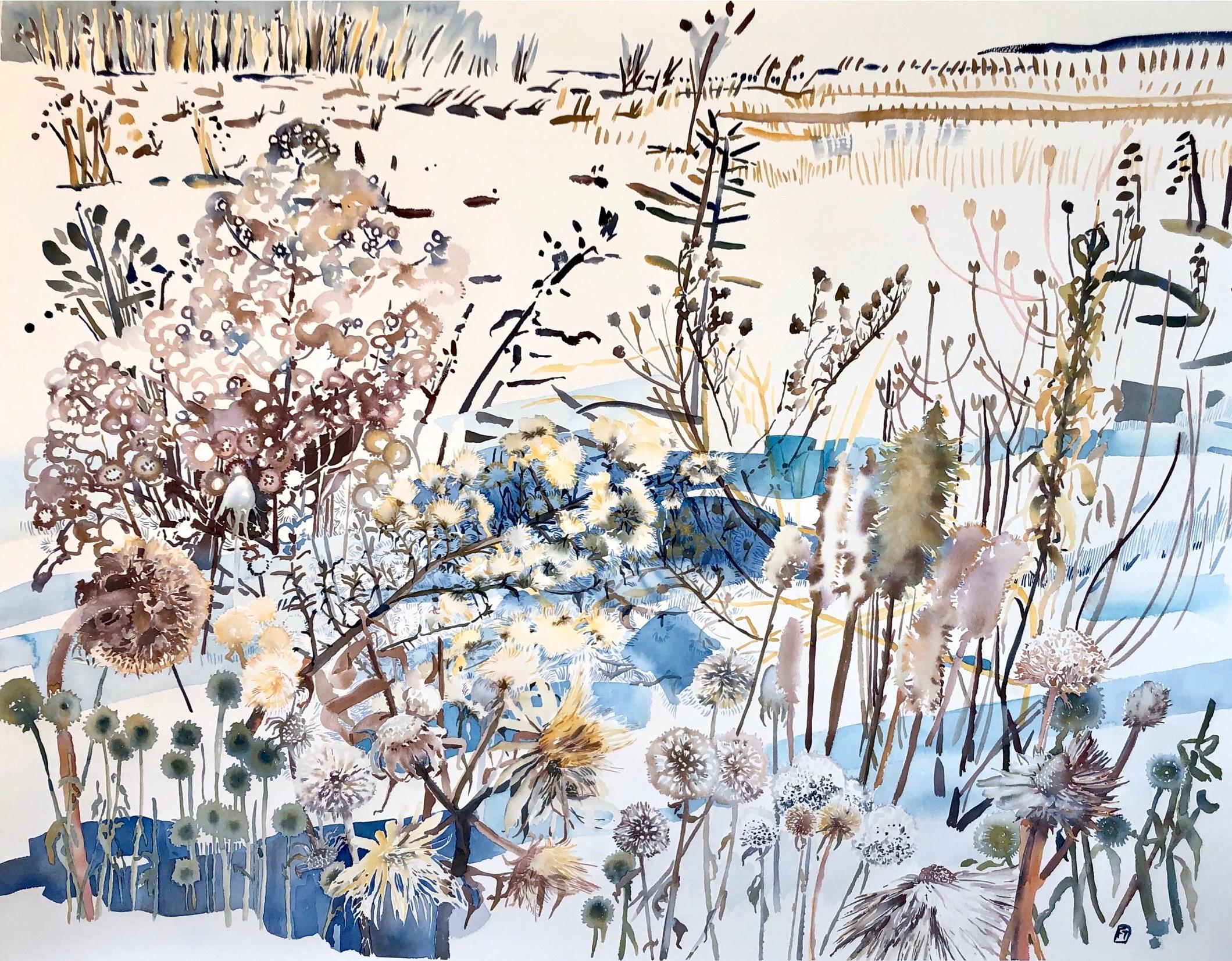 Fleur Thesmar Landscape Art - "WINTER MARSH", watercolor, new england, snow, wild flowers, seeds, water, ice