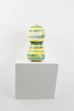 "PLUG-N-PLAY I", stoneware glazed sculpture, green, yellow, blue, white, wheel