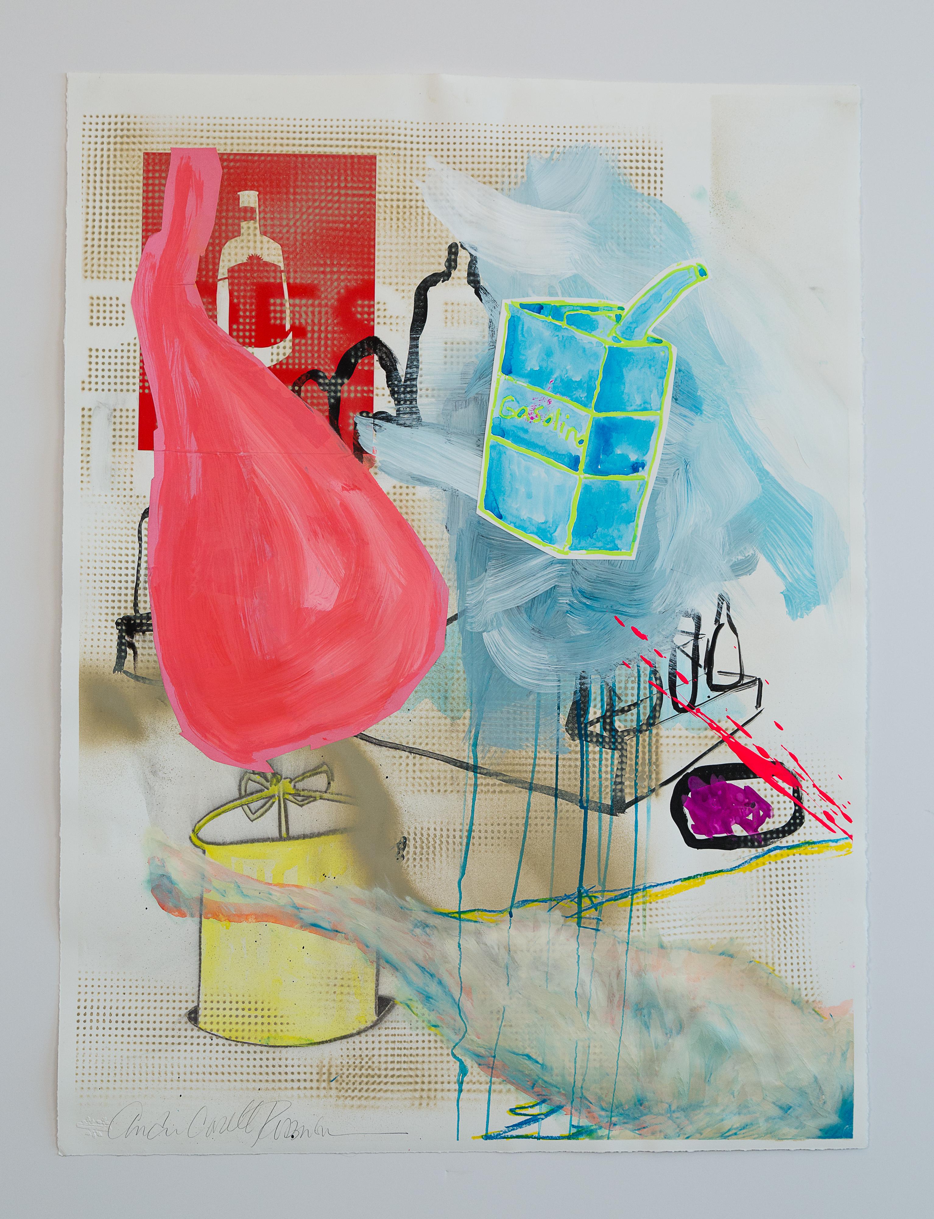 "DRAWING INVENTORY (Jamón y Gasolina)", acrylic painting, ham, gasoline, collage