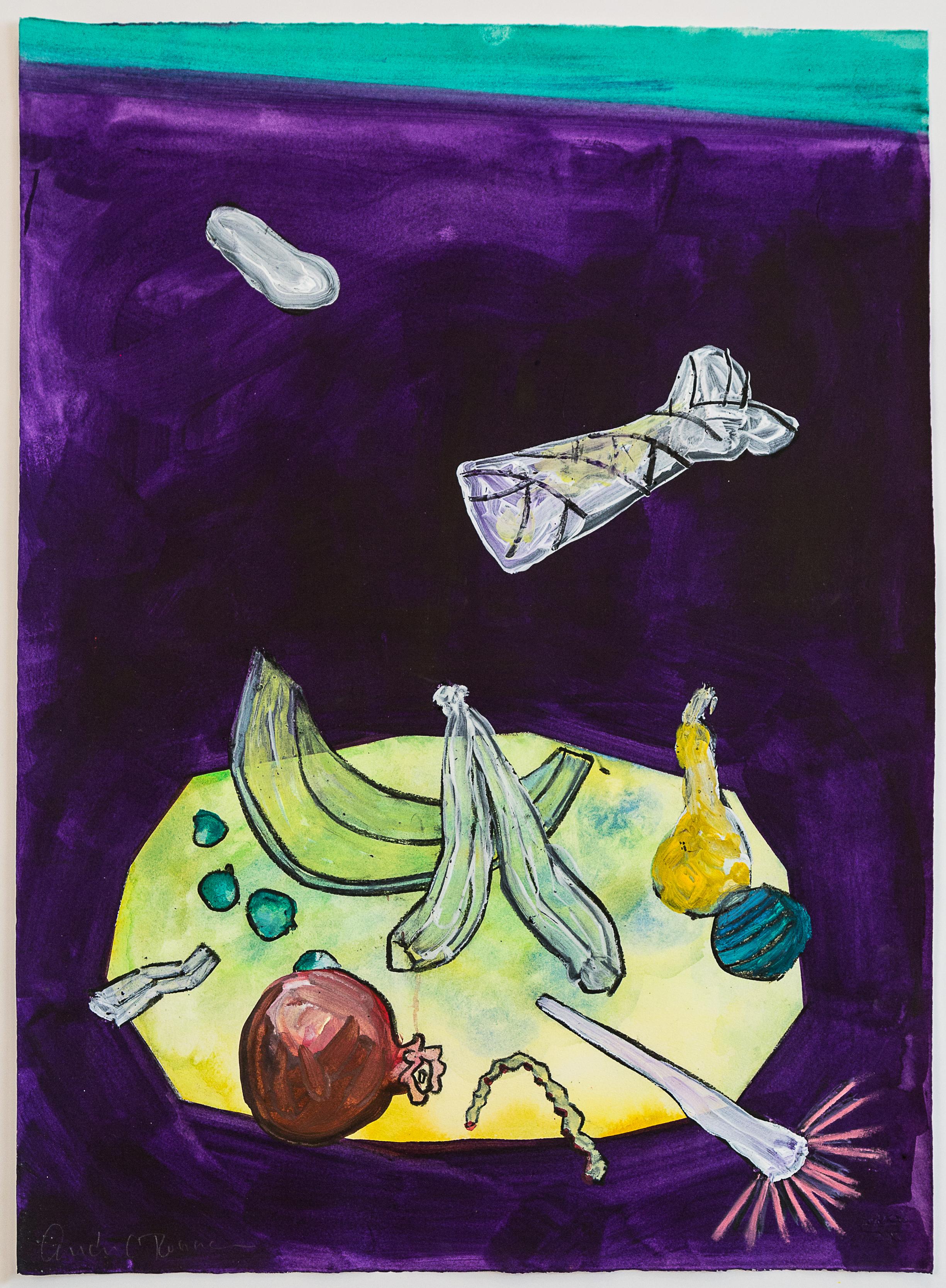 « DRAWING INVENTORY (un autre déjeuner de la classe moyenne), peinture, table, corbeille, nourriture