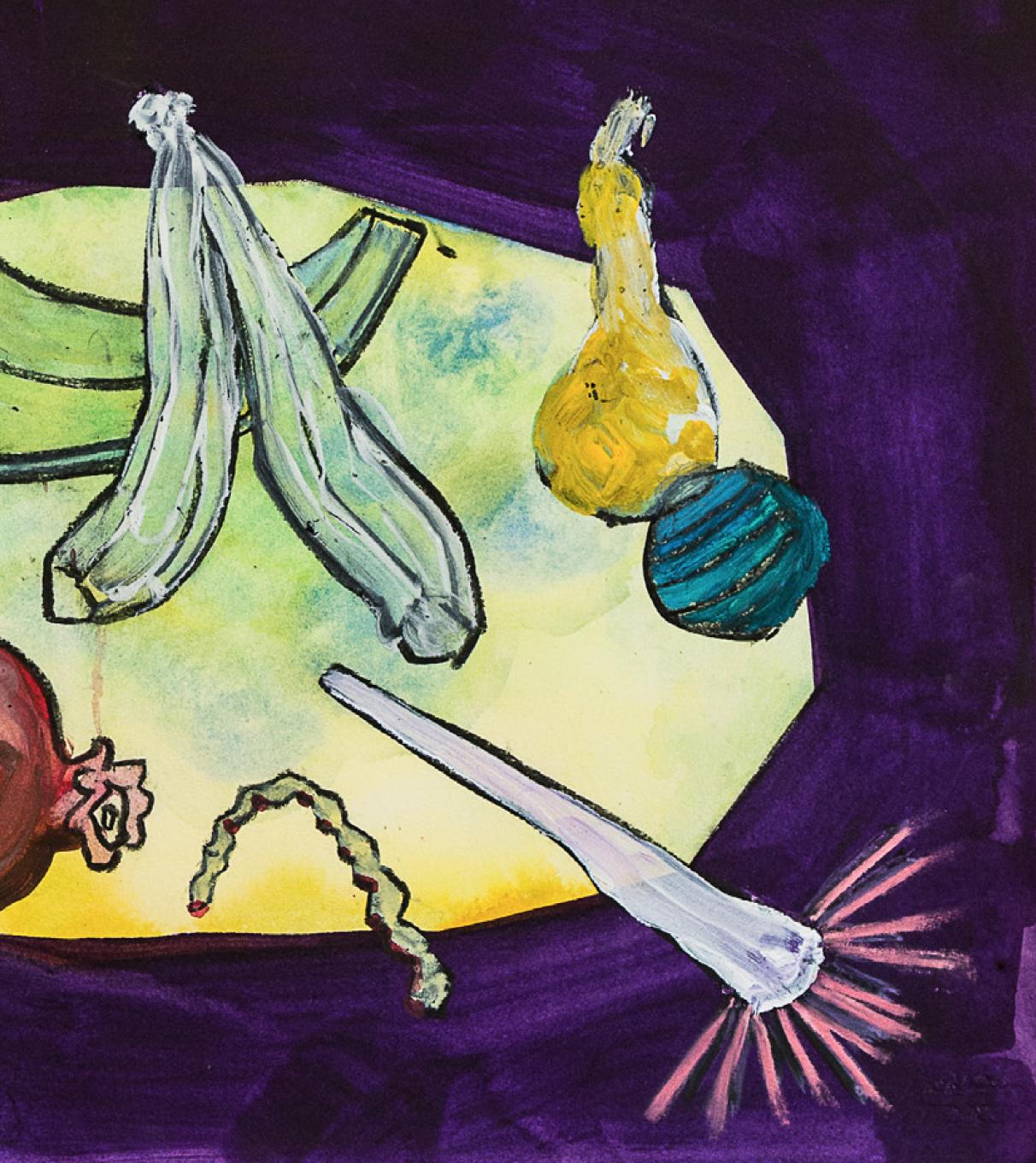 „DRAWING INVENTORY (Ein weiteres Lunch aus der Mittelschicht)“, Gemälde, Tisch, Krug, Essen – Painting von Andrew Cornell Robinson