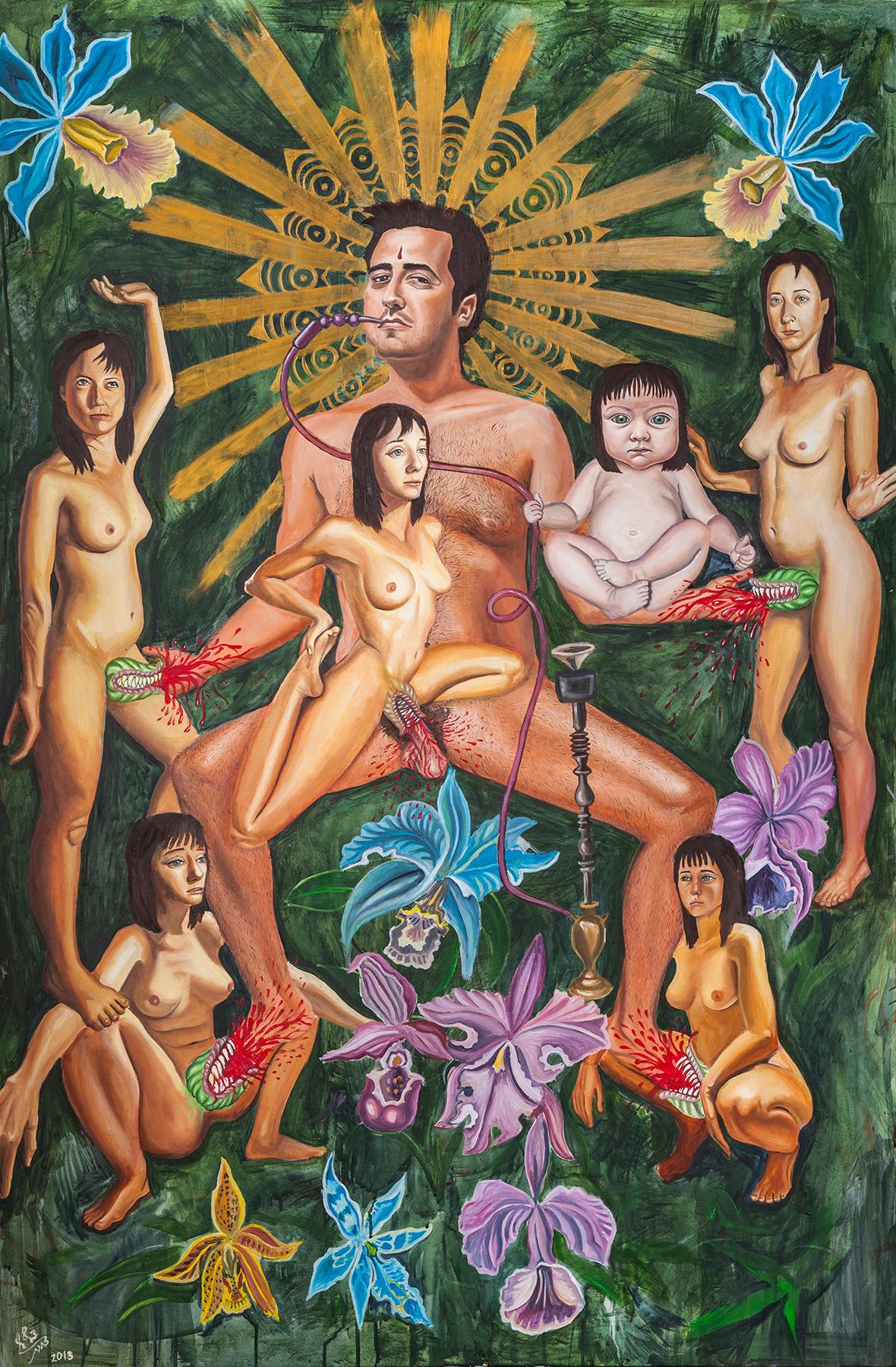 "KAMA SUTRA", surrealist oil painting, gender, sexuality, vagina dentata, myth