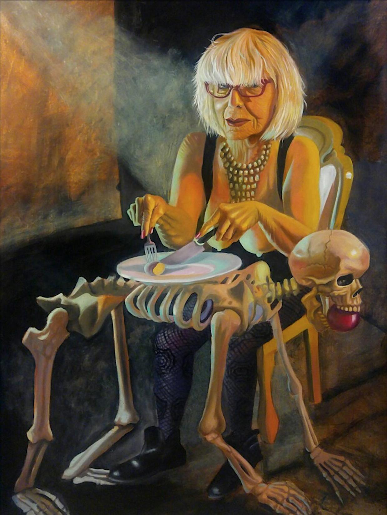 "YOU ALWAYS HURT THE ONE YOU LOVE", surrealist oil painting, skeleton, family