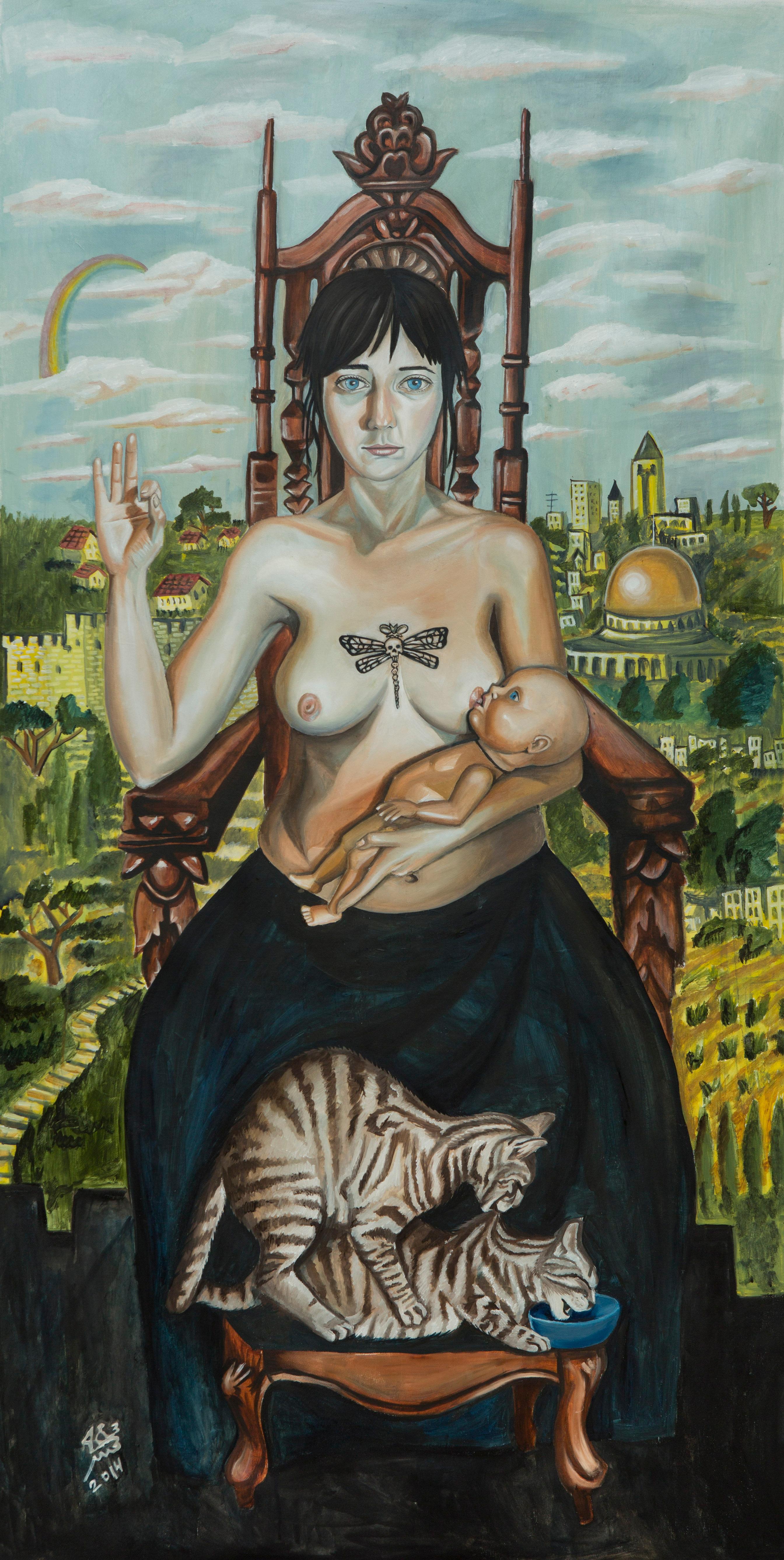 "CONTROL", surrealist oil painting, breast feeding mother, Jerusalem, cats, baby