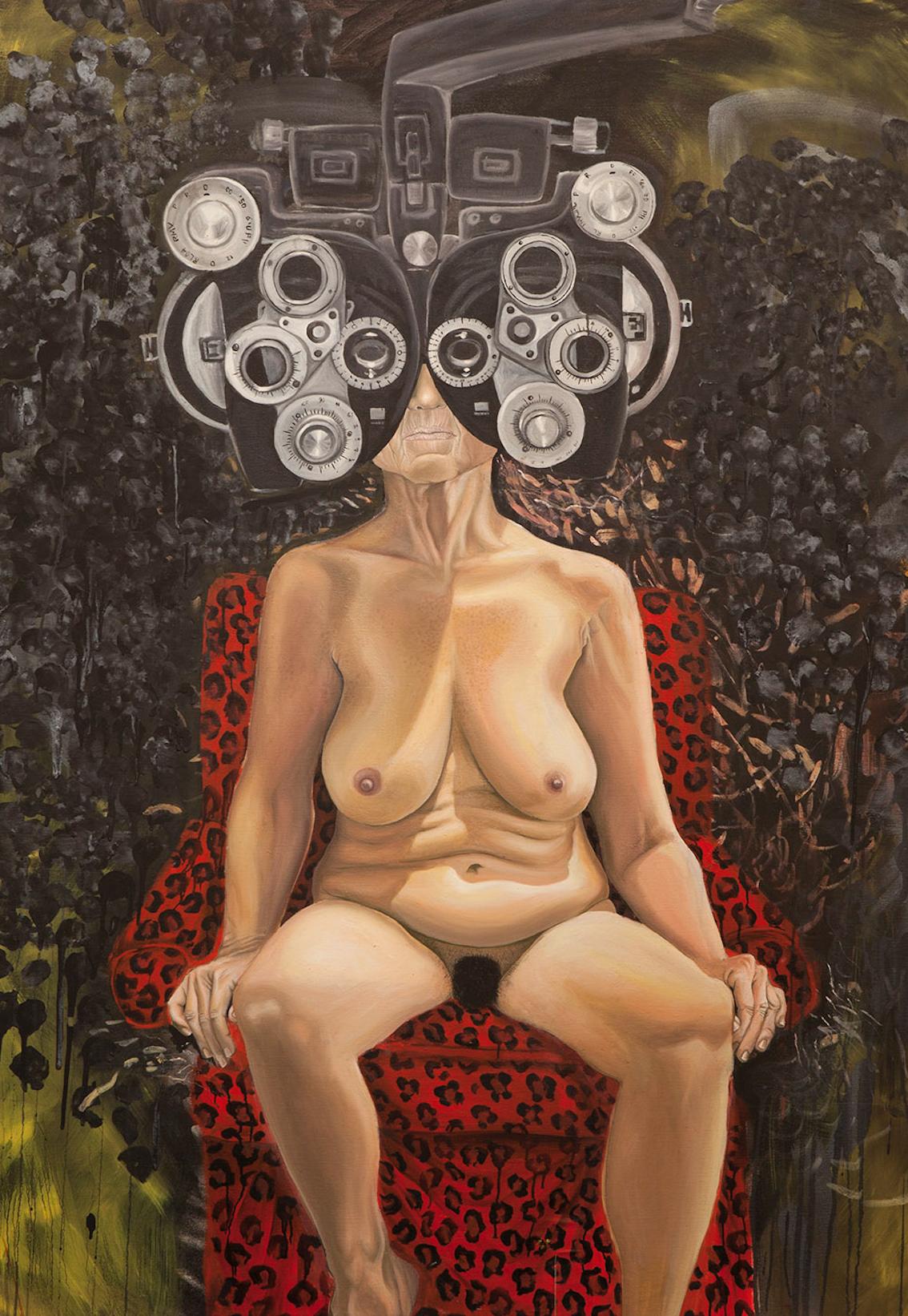 « Eye CHECK », peinture à l'huile surréaliste, femme nue, objectif optique, machine, masque
