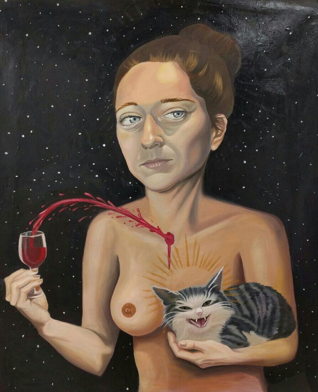 "MIDDLE POINT", surrealist oil painting, woman, cat, blood ritual, cosmos, saint
