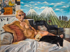 "NATALIE", surrealist oil painting, nude woman, portrait, classic pose, tattoos