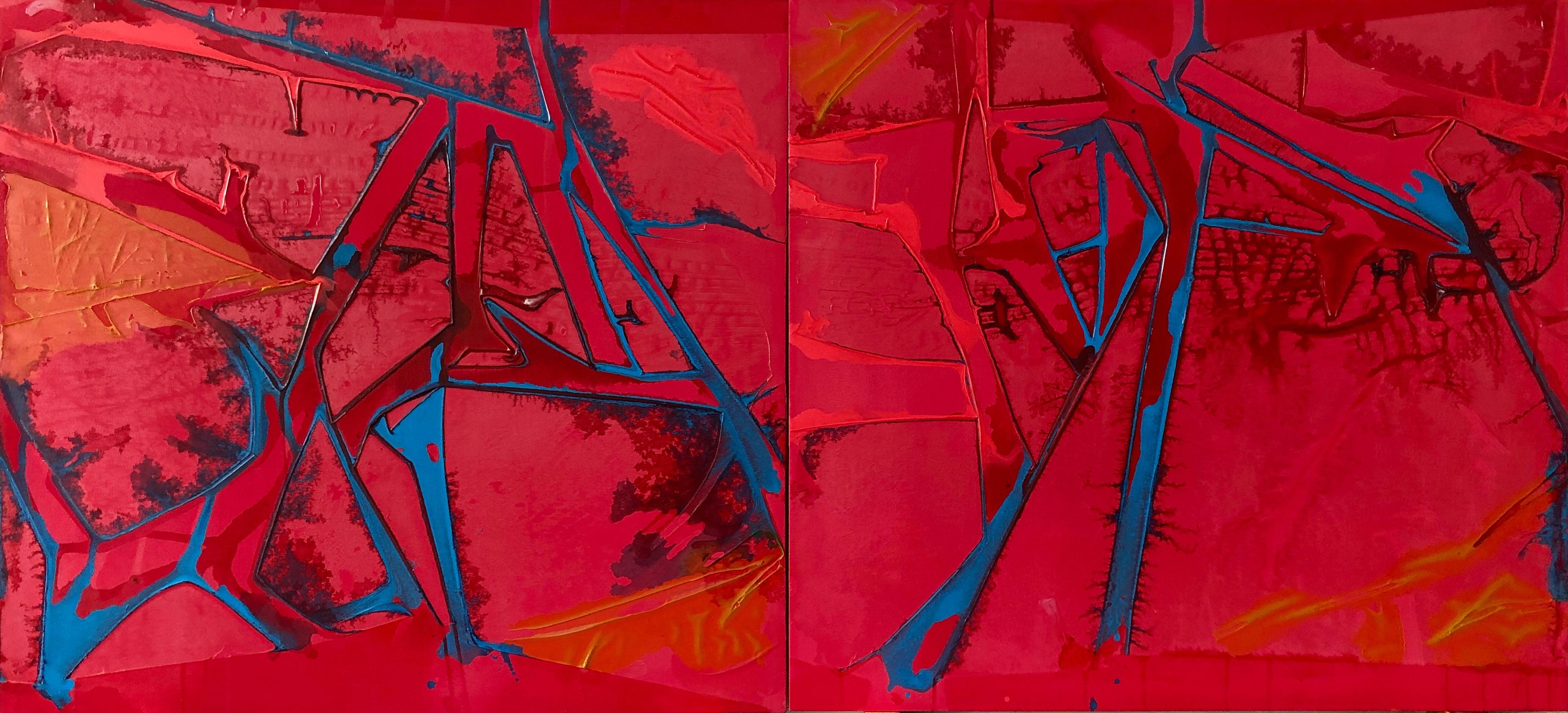 Jeffrey Kurland Landscape Painting - "TEARS OF RAGE", Abstract Painting, Diptych, Acrylic on Canvas, Red, Blue