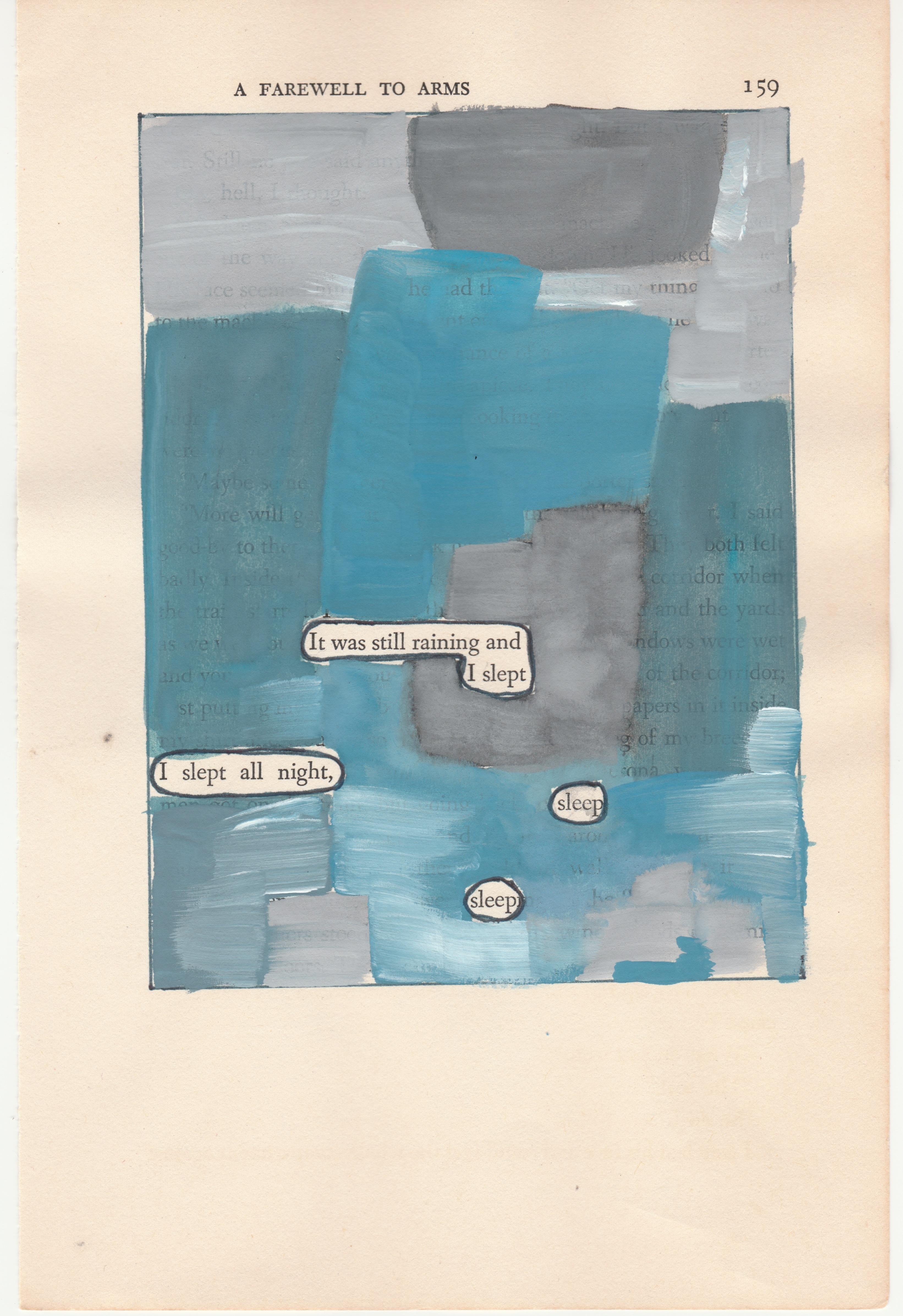 "#159 – SLEEP", ink, pencil, gouache, vintage book page, hemingway, poetry