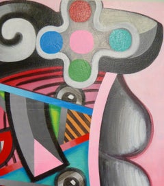 "Woman in Pink, Blue, and Gray", acrylic painting, cubist portrait, classic pose