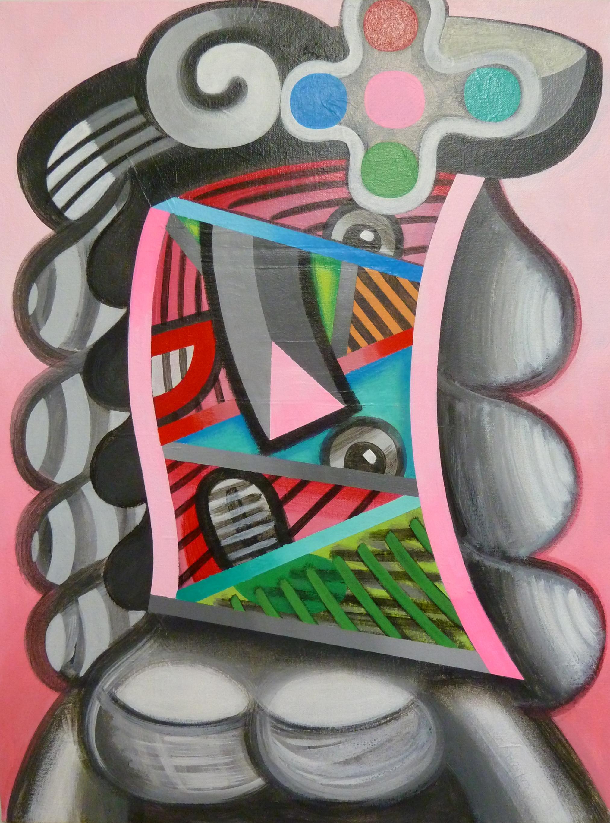 "Woman in Pink, Blue, and Gray", acrylic painting, cubist portrait, classic pose