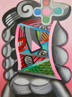"Donna in rosa, blu e grigio", quadro acrilico, ritratto cubista, posa classica