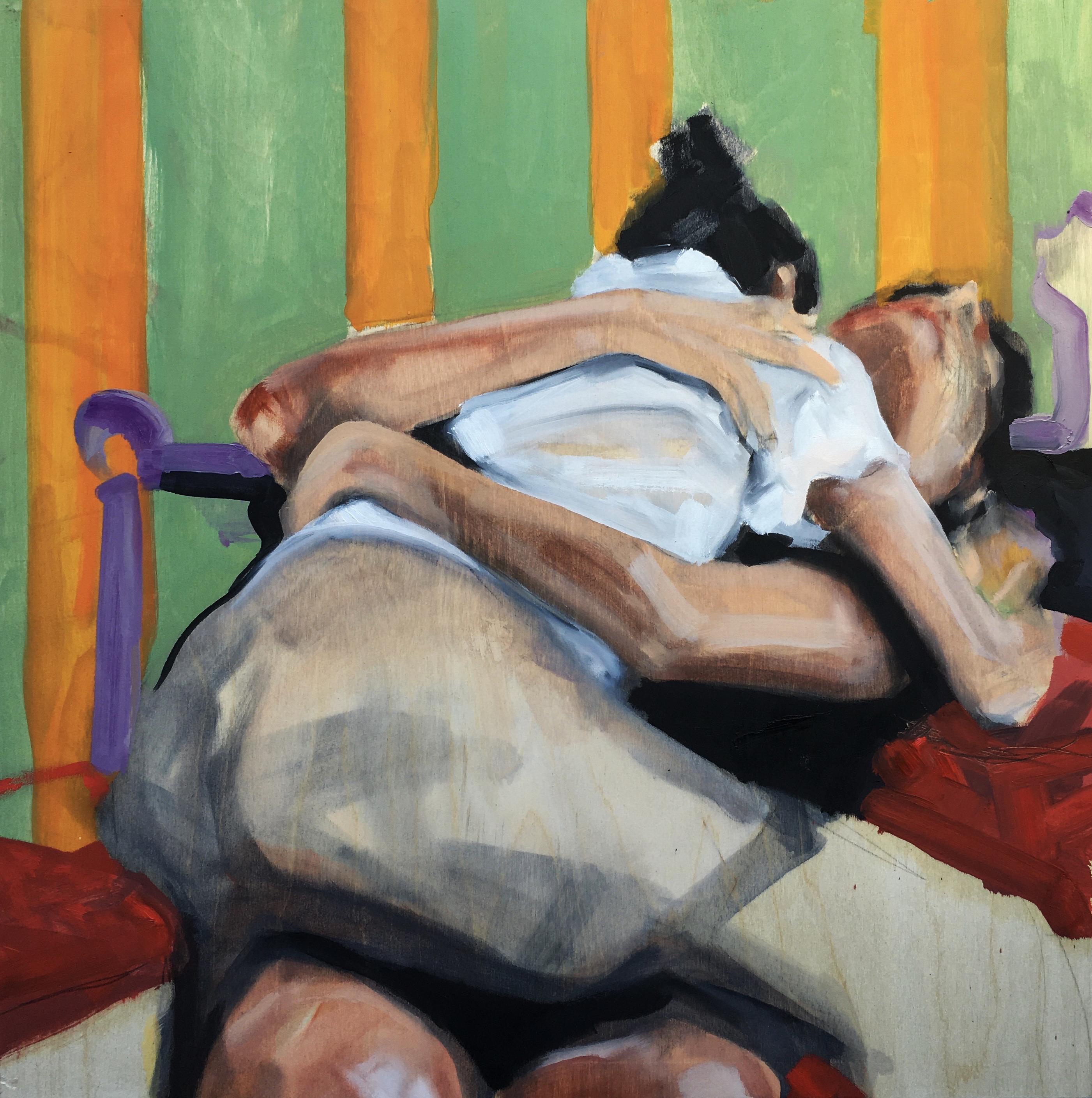 Will Hudson Portrait Painting - "The Clinch", oil painting, figurative, couple, embrace, intimacy, stripes, hug
