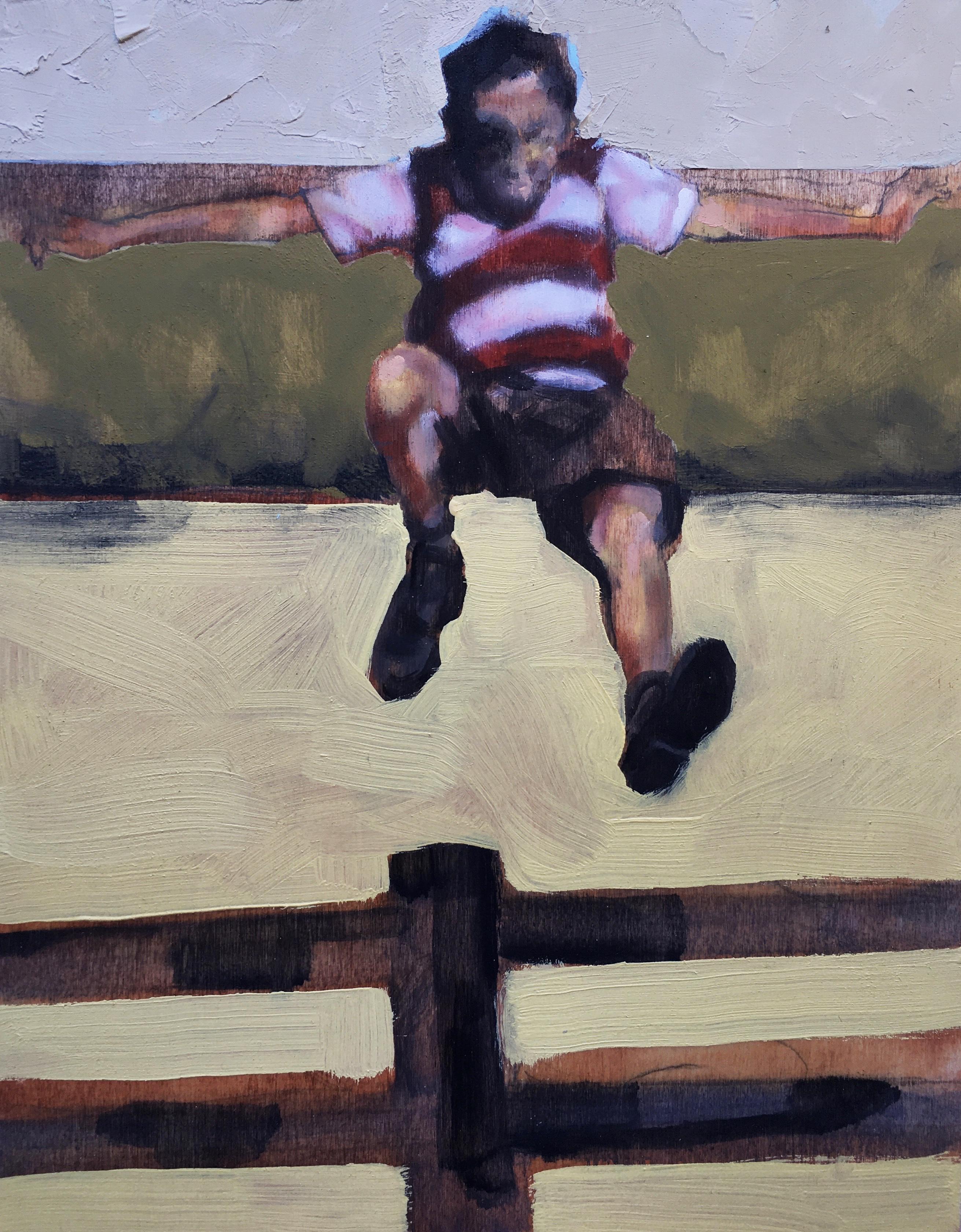 "Fence Jumper", oil painting, figurative, boy, flight, field, outside, summer