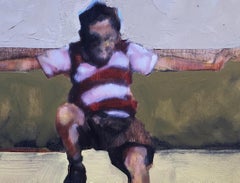 "Fence Jumper", oil painting, figurative, boy, flight, field, outside, summer