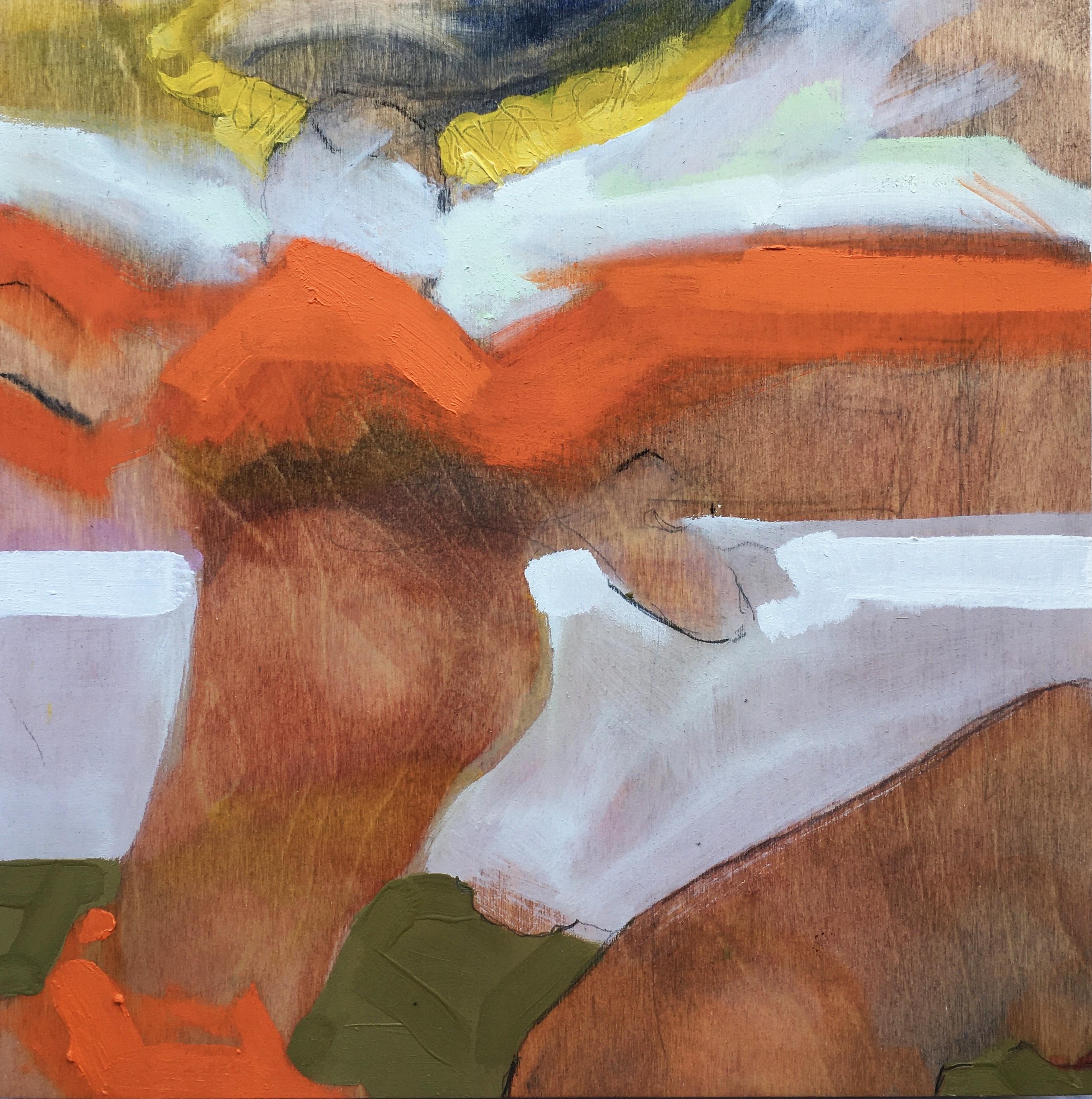 Will Hudson Abstract Painting – ""Strange Angel"", Ölgemälde, figurativ, Wächter, Flügel, Geist, Orange, Gold