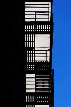 "Fire Escape", photography, city, architecture, geometry, pattern, stairs, blue