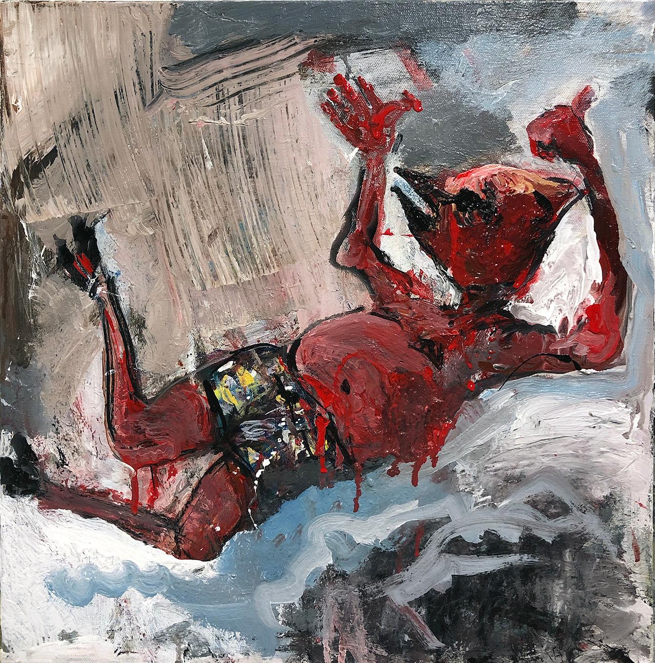 "Falling Figure", acrylic painting, red devil, dream, myth, poetry, flight