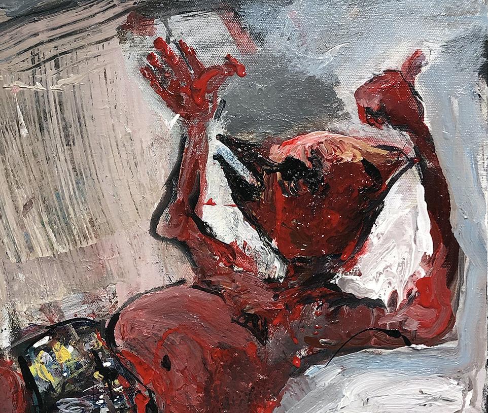 « Falling Figure », peinture acrylique, diable rouge, rêve, mythe, poésie, vol - Painting de Dale Williams