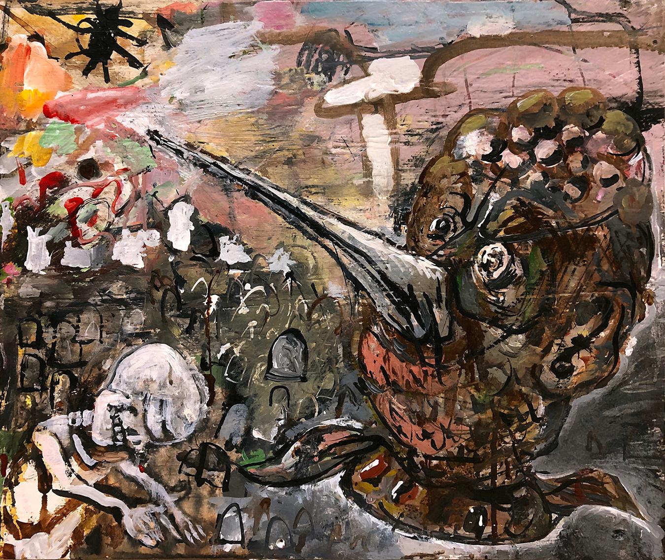 "Hillside", acrylic painting, dream, myth, skull, graveyard, death, mortal coil