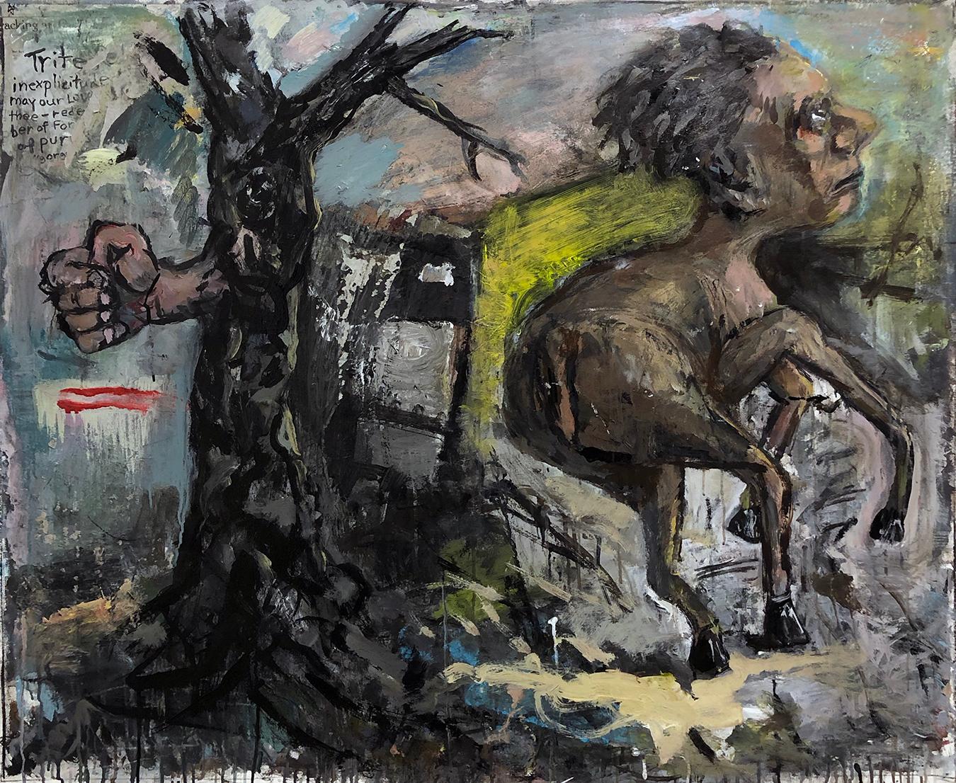 Dale Williams Figurative Painting - "Outskirts", acrylic painting, duality, nature, humanity, chaos, dream, myth
