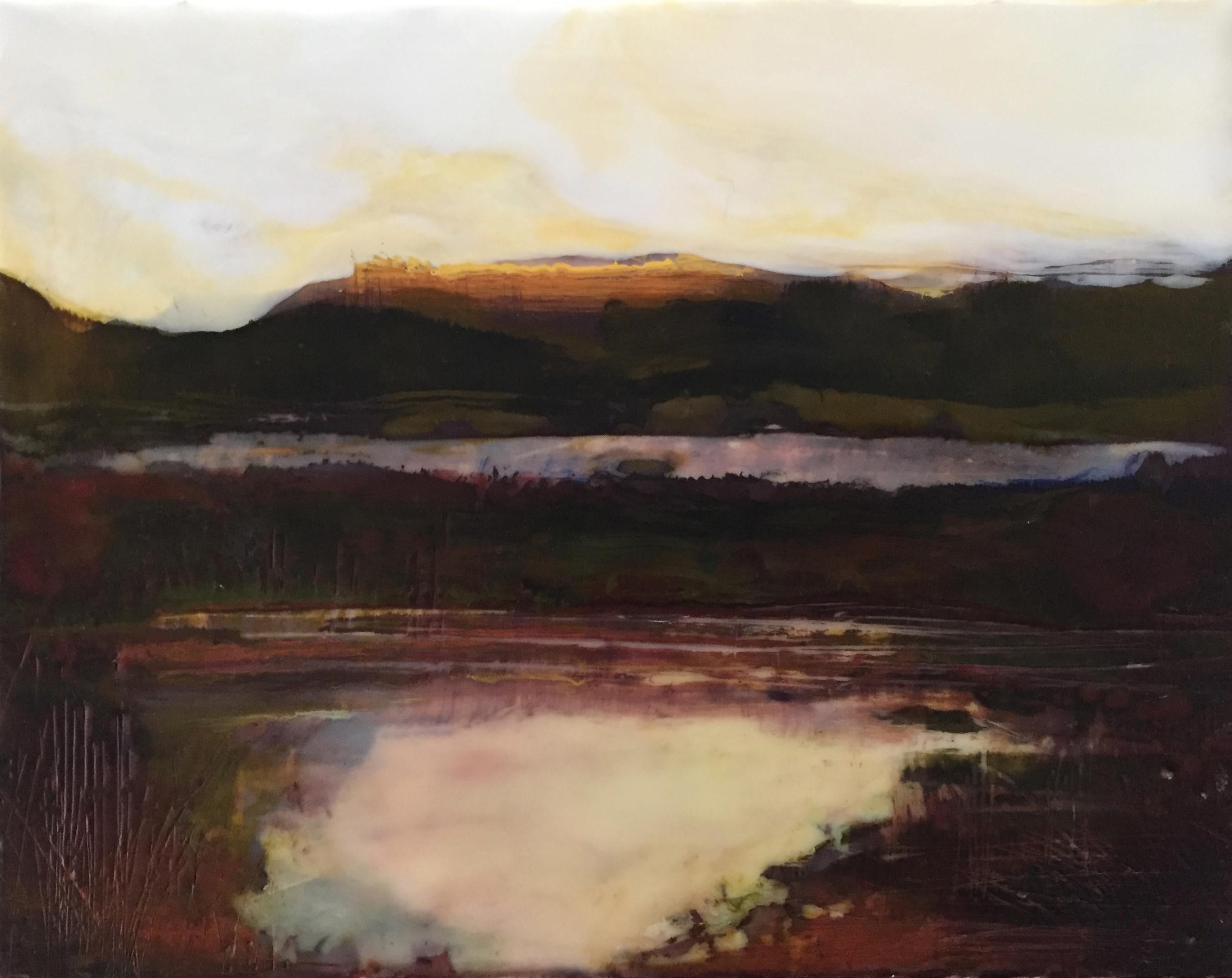 Regina Quinn  Landscape Painting - "Wetland at Dusk", oil painting, encaustic, landscape, sky, mountain, field pond