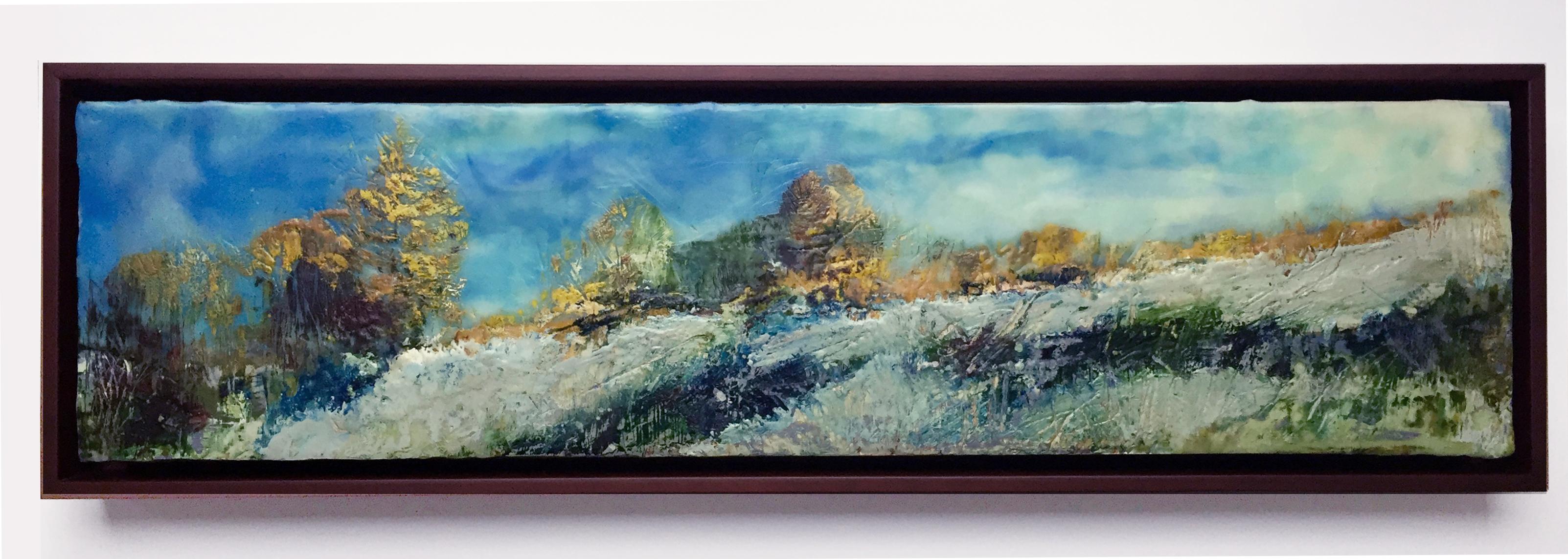 Regina Quinn  Landscape Painting - "Autumn Frost", oil painting, encaustic, landscape, clouds, sky, field, Vermont